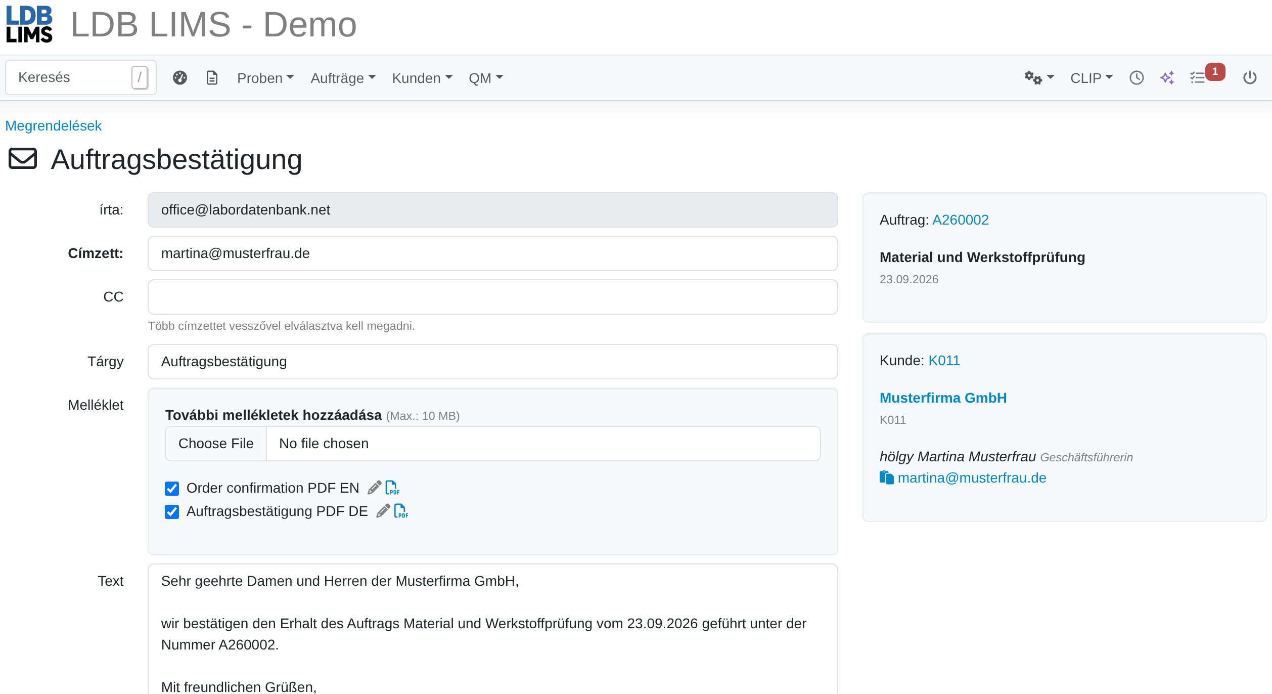 Megrendelés-visszaigazolás az LDB LIMS-ben