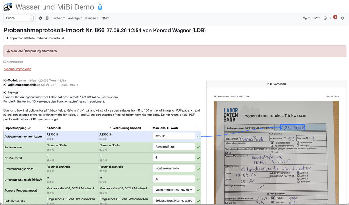 Screenshot: KI-gestützter Import eines handschriftlichen Probenahmeprotokolls mit Validierung