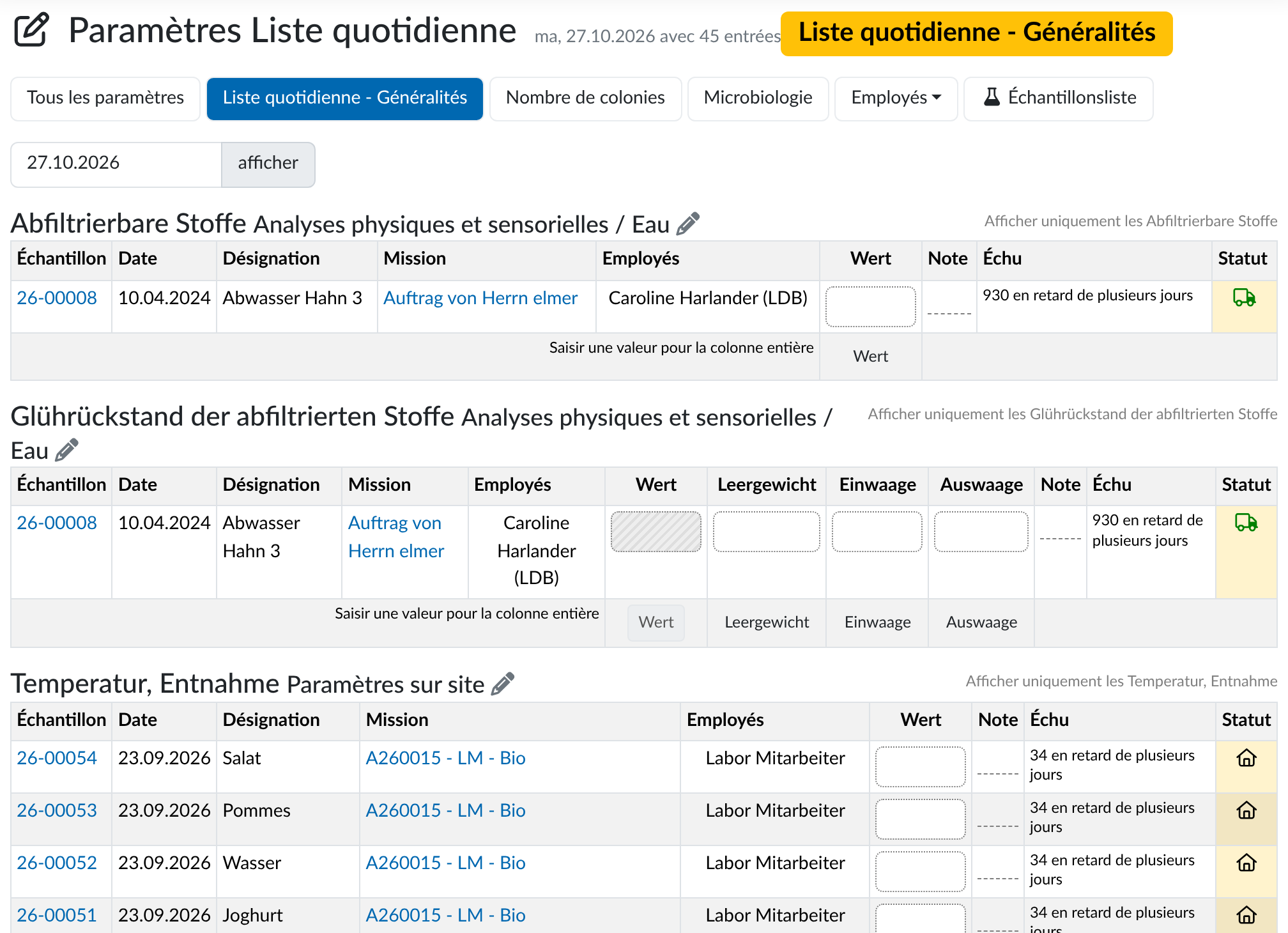 Listes quotidiennes pour la collaboration au sein du laboratoire avec LDB-LIMS
