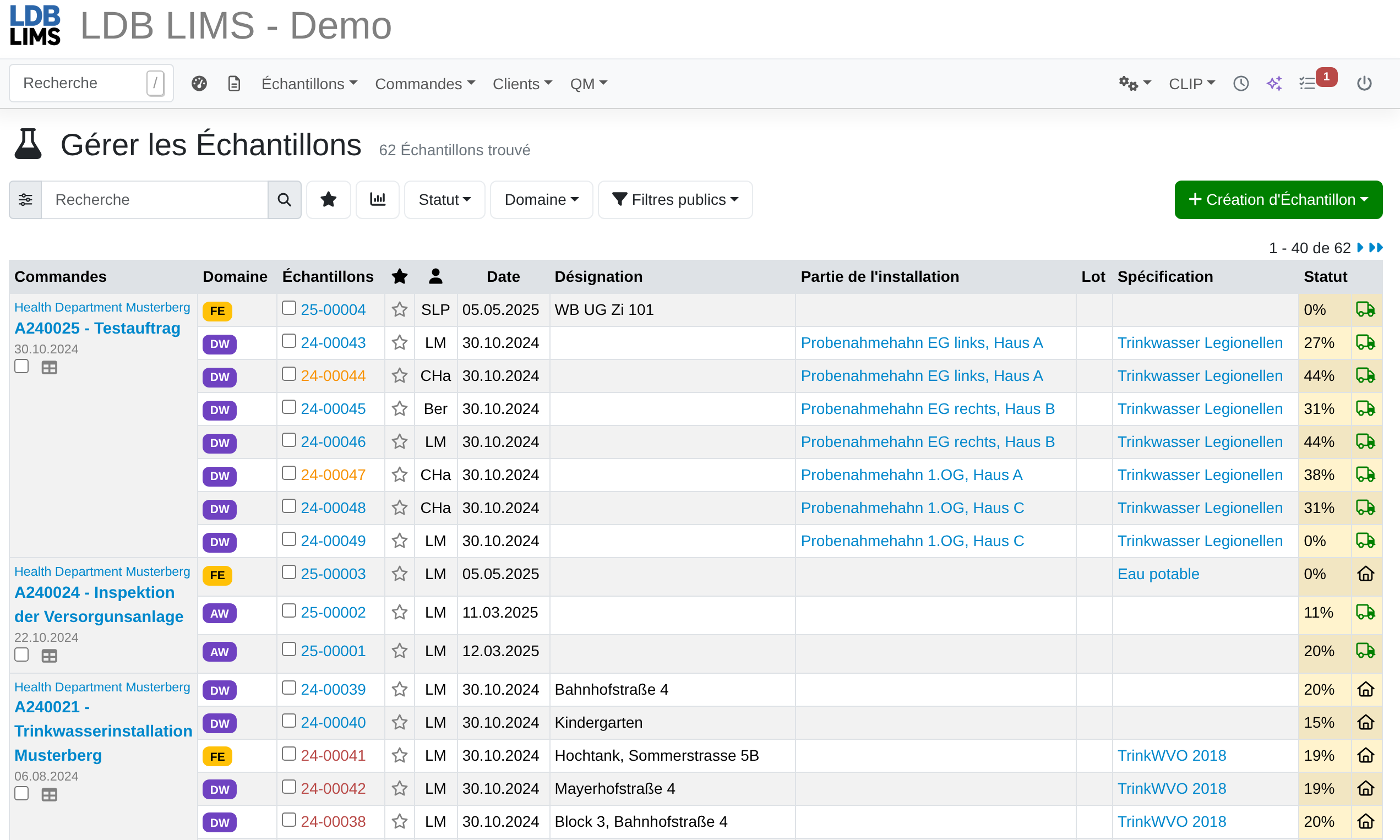 Gestion des échantillons dans la liste des échantillons de LDB LIMS