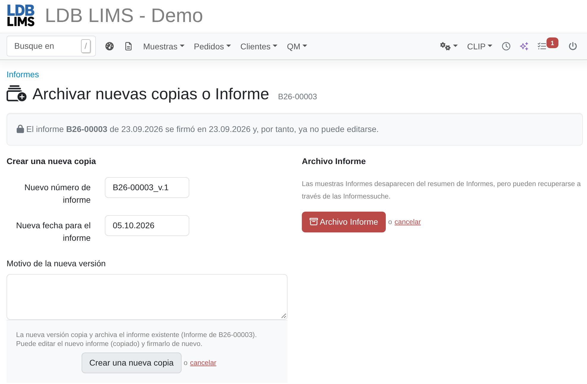 Reemisión de un informe de ensayo en LDB LIMS