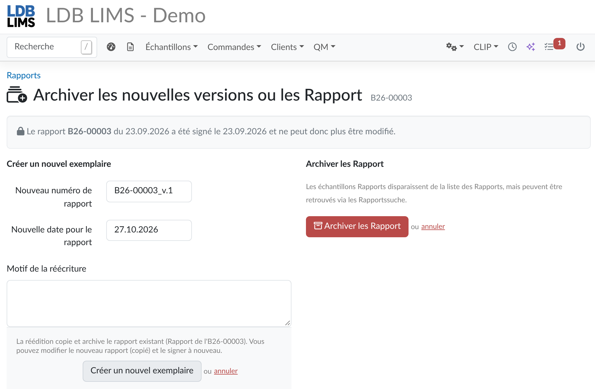 Réédition d'un rapport d'essai dans LDB-LIMS