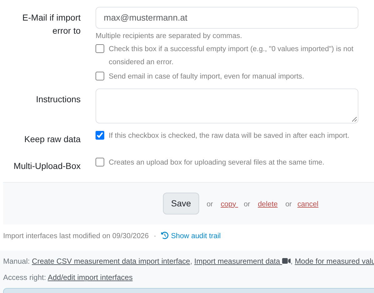 Screenshot: Selecting the import mode for importing measured values