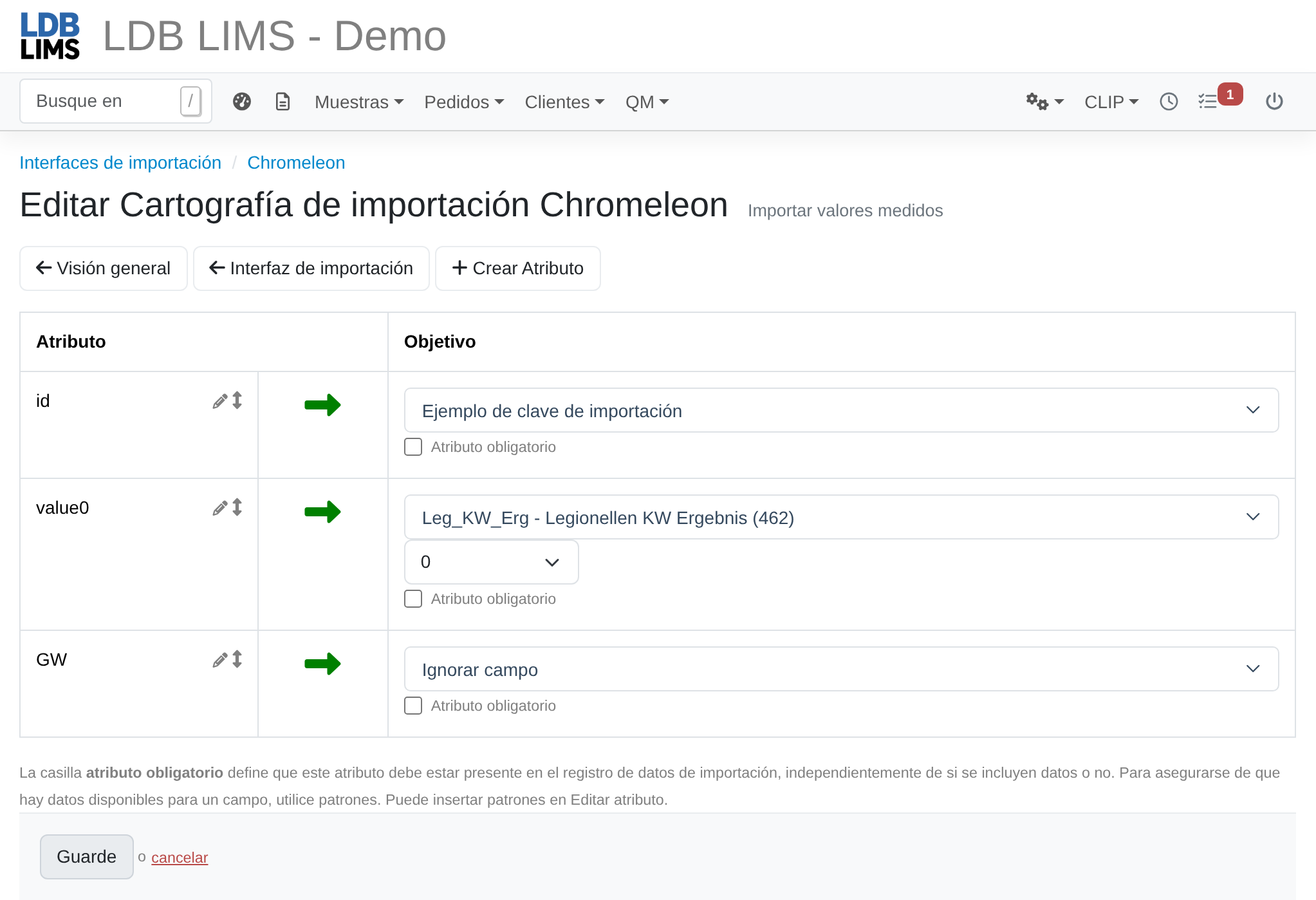 Captura de pantalla: Asignación de importación con asignación de atributos