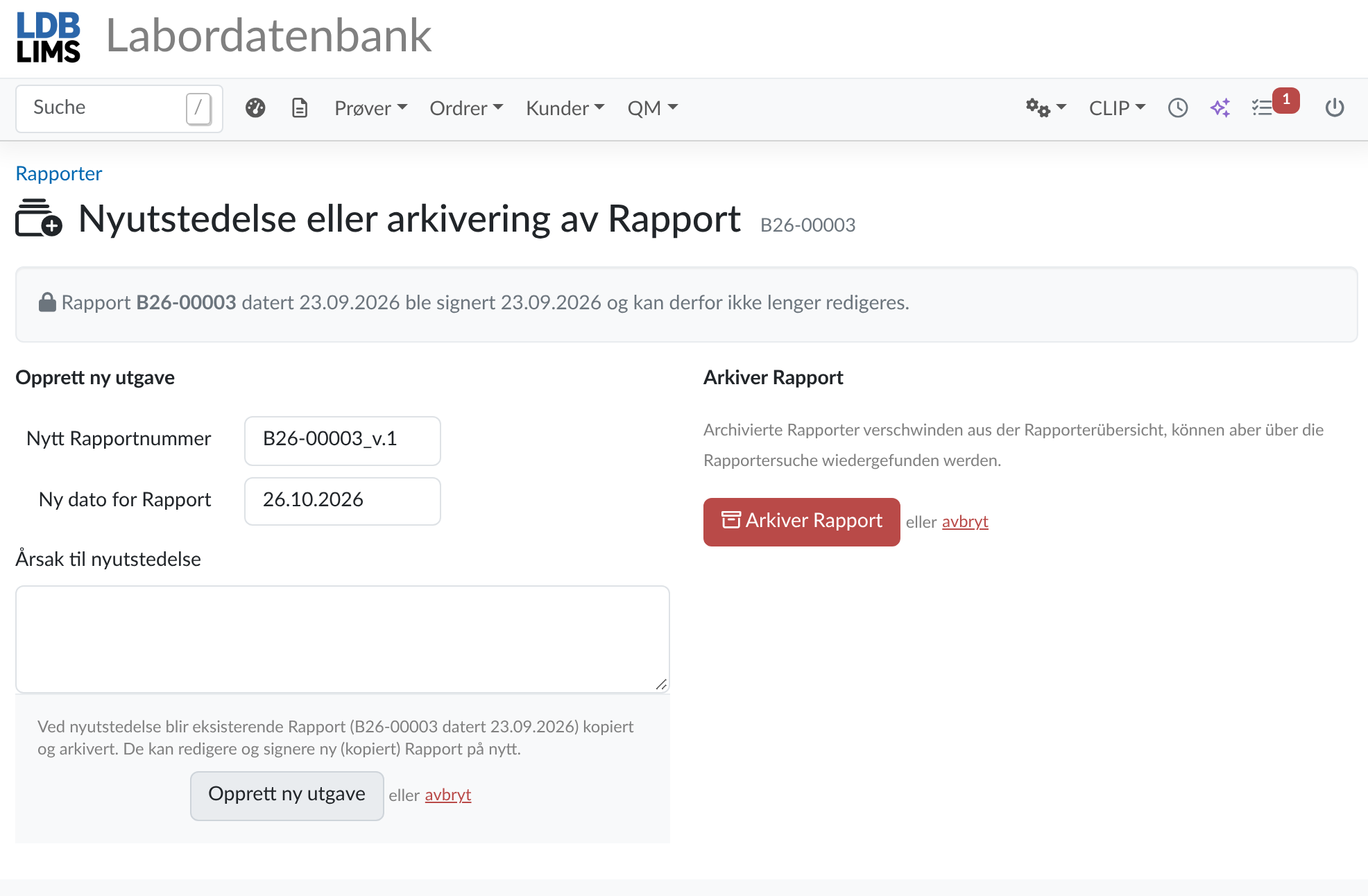 Nyutstedelse av en prøvingsrapport i LDB-LIMS
