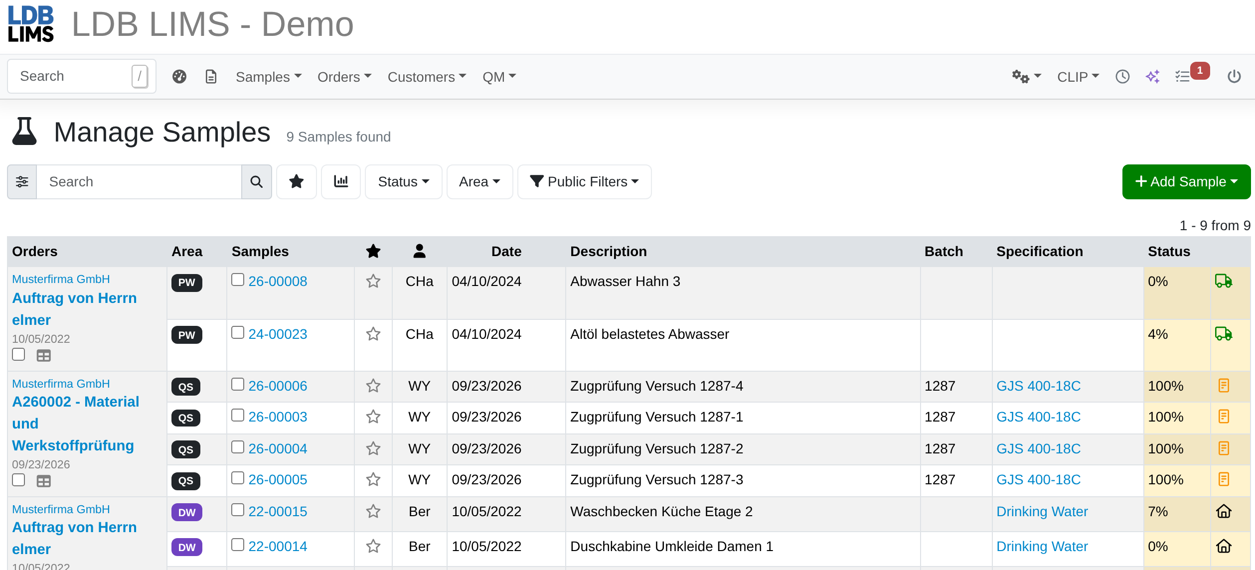 Manage samples in the LDB LIMS sample list