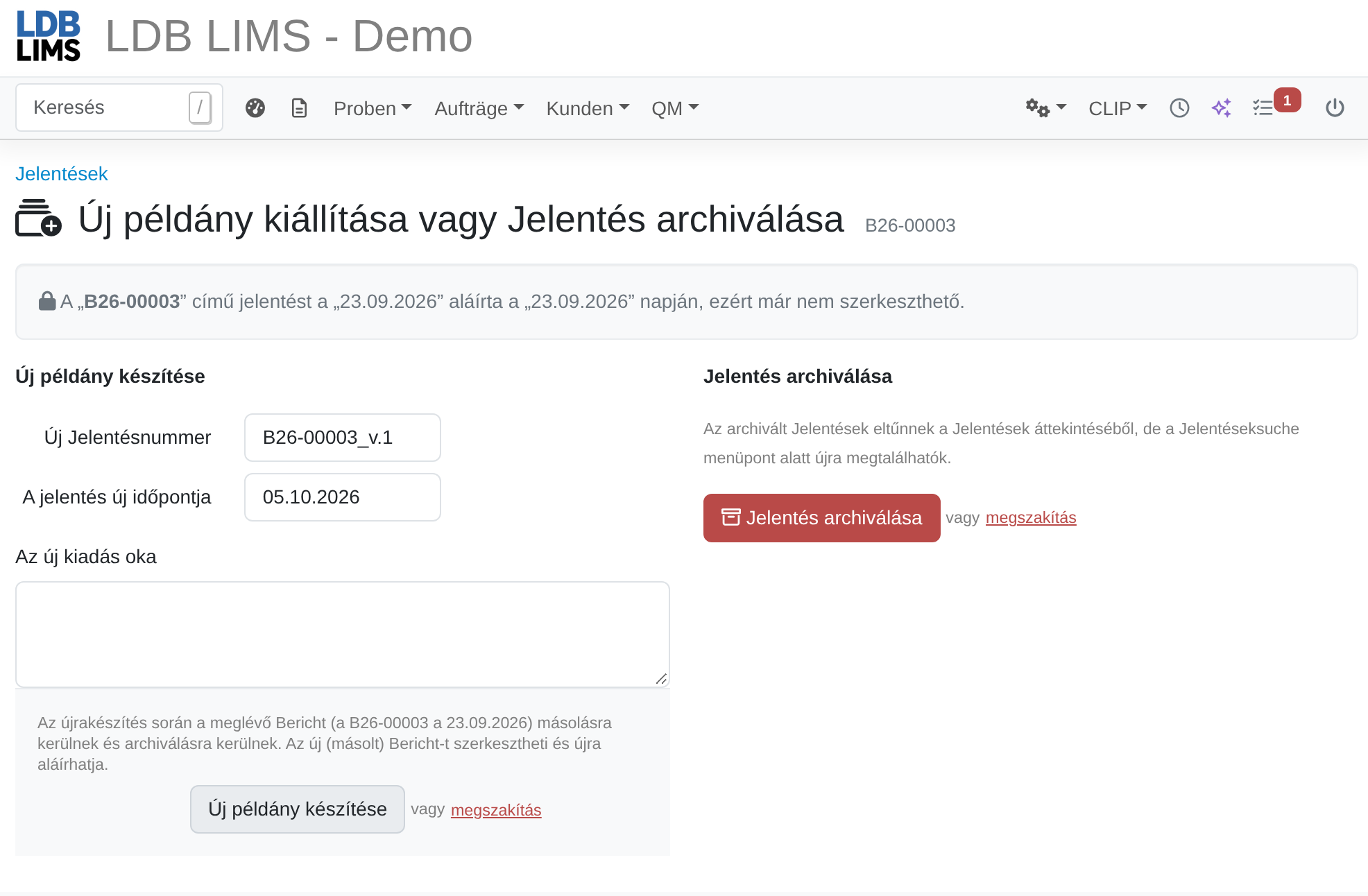 Vizsgálati jegyzőkönyv újbóli kiállítása az LDB LIMS-ben