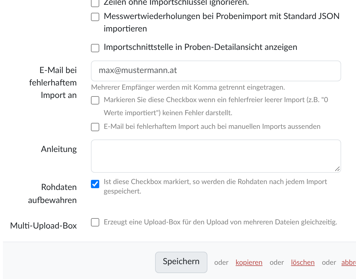 Skærmbillede: Valg af importtilstand til import af måleværdier