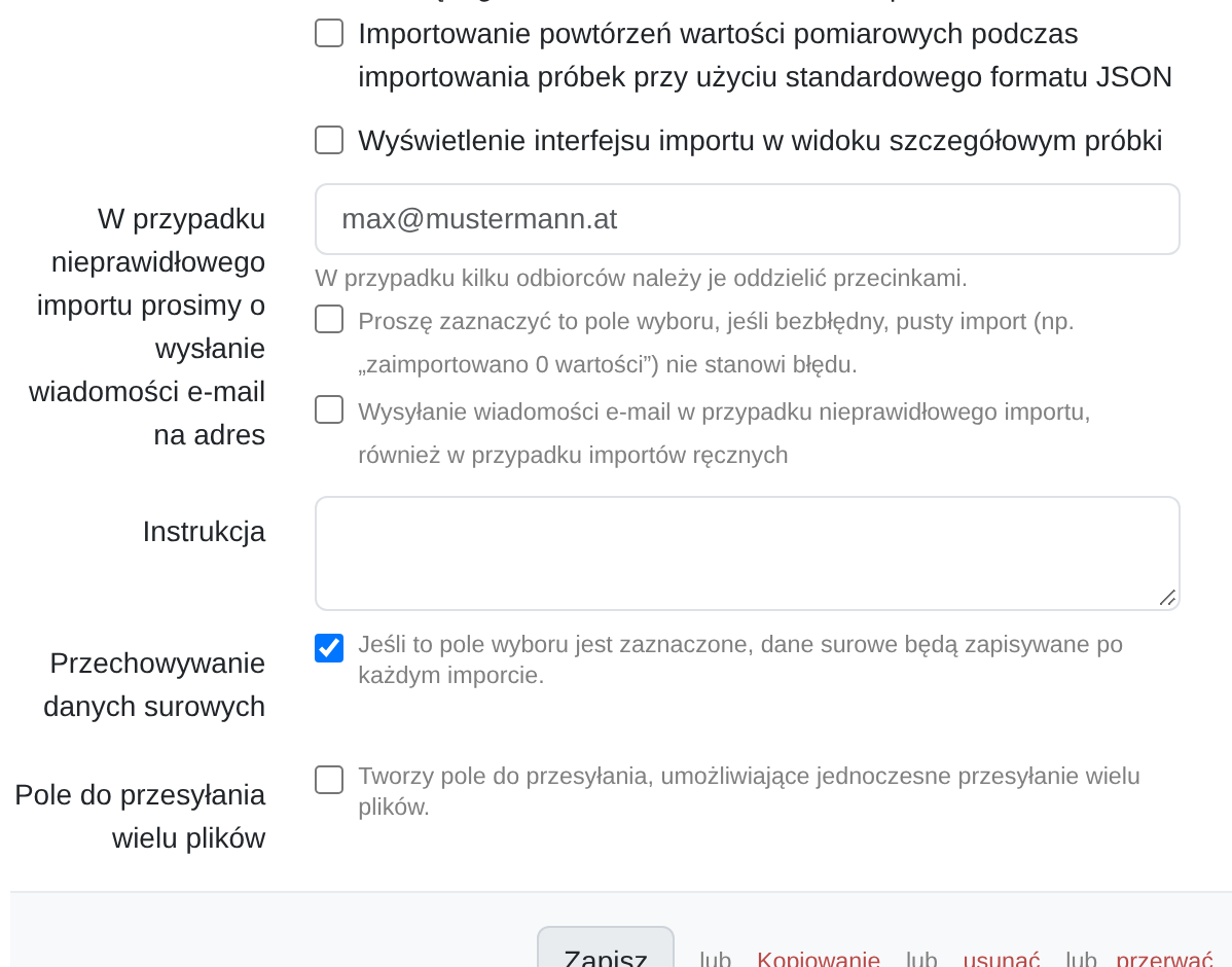 Zrzut ekranu: Wybór trybu importu wartości pomiarowych
