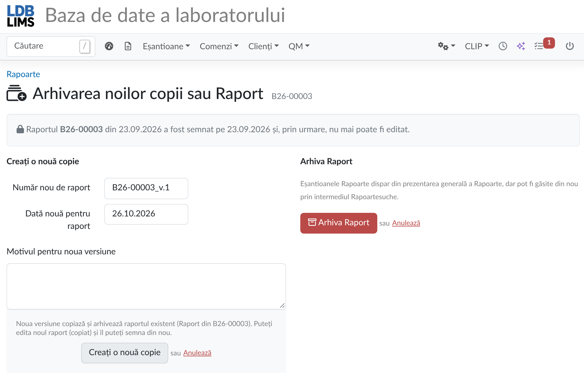 Reemiterea unui raport de încercare în LDB-LIMS