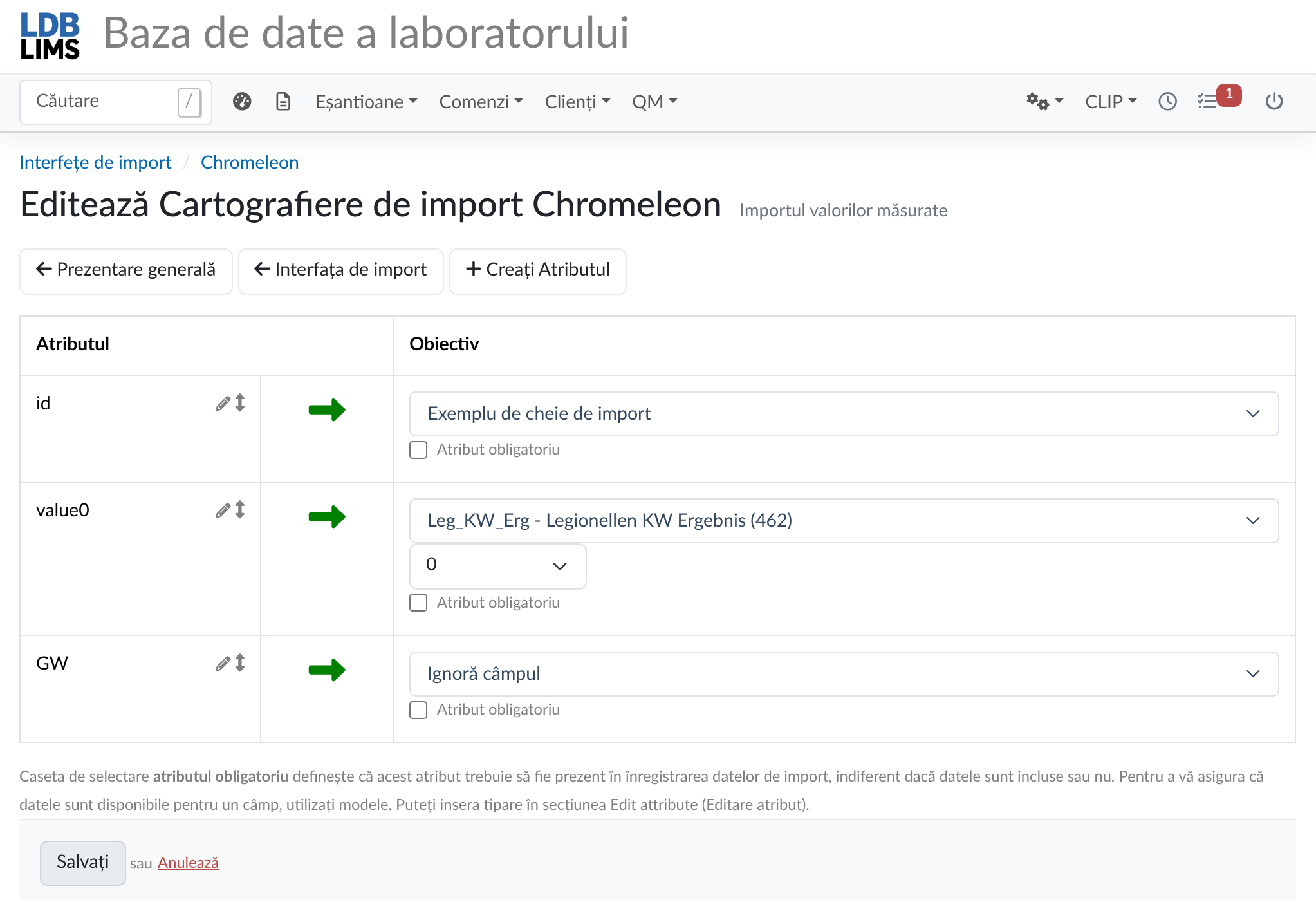 Captură de ecran: maparea datelor la import, cu asocierea atributelor