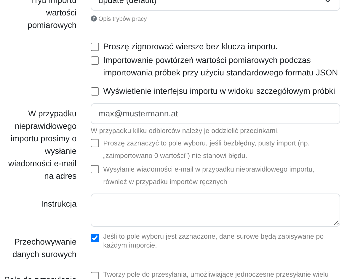 Zrzut ekranu: Wybór trybu importu wartości pomiarowych