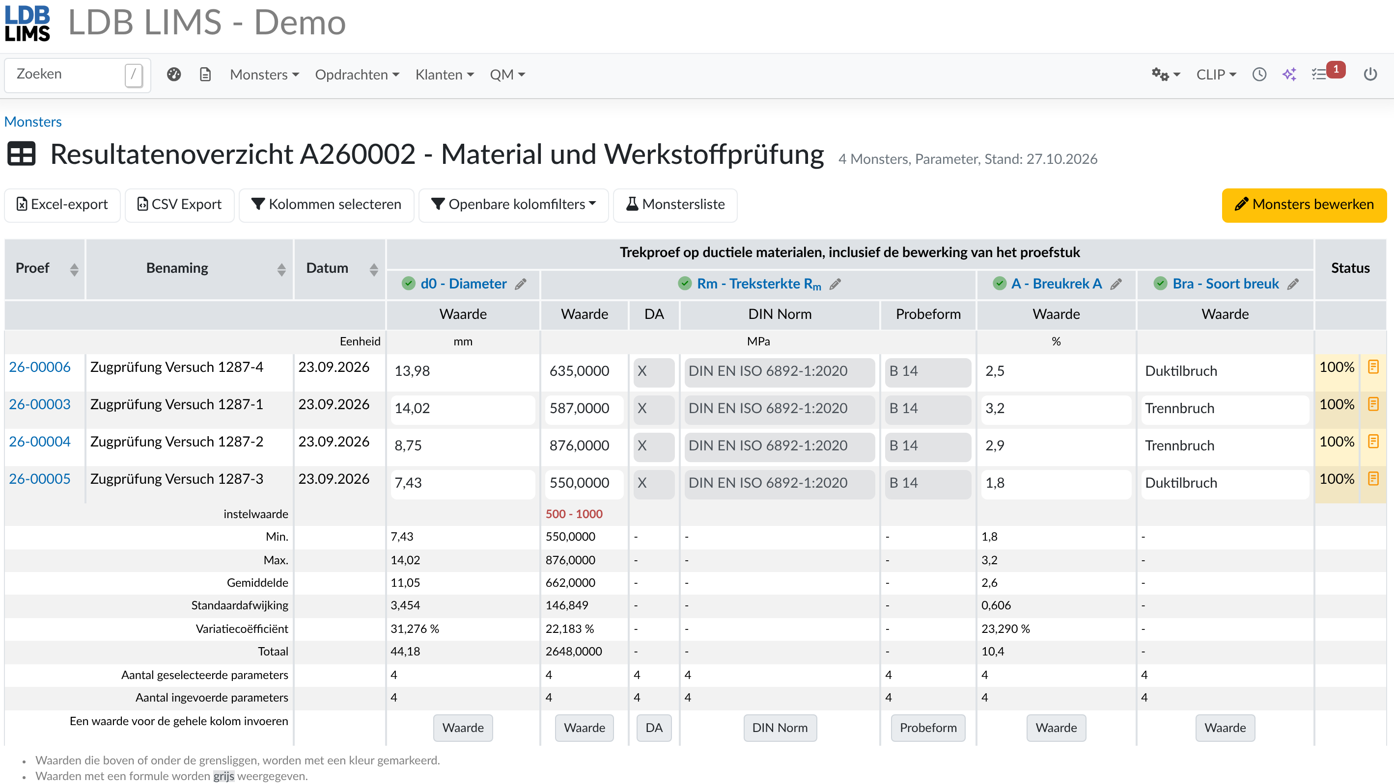 De schermafbeelding toont de resultatentabel van een trektest in de laboratoriumdatabase, met monsters waarvan de meetwaarden, inclusief de statistische analyse, in de resultatentabel van de laboratoriumdatabase zijn opgenomen.