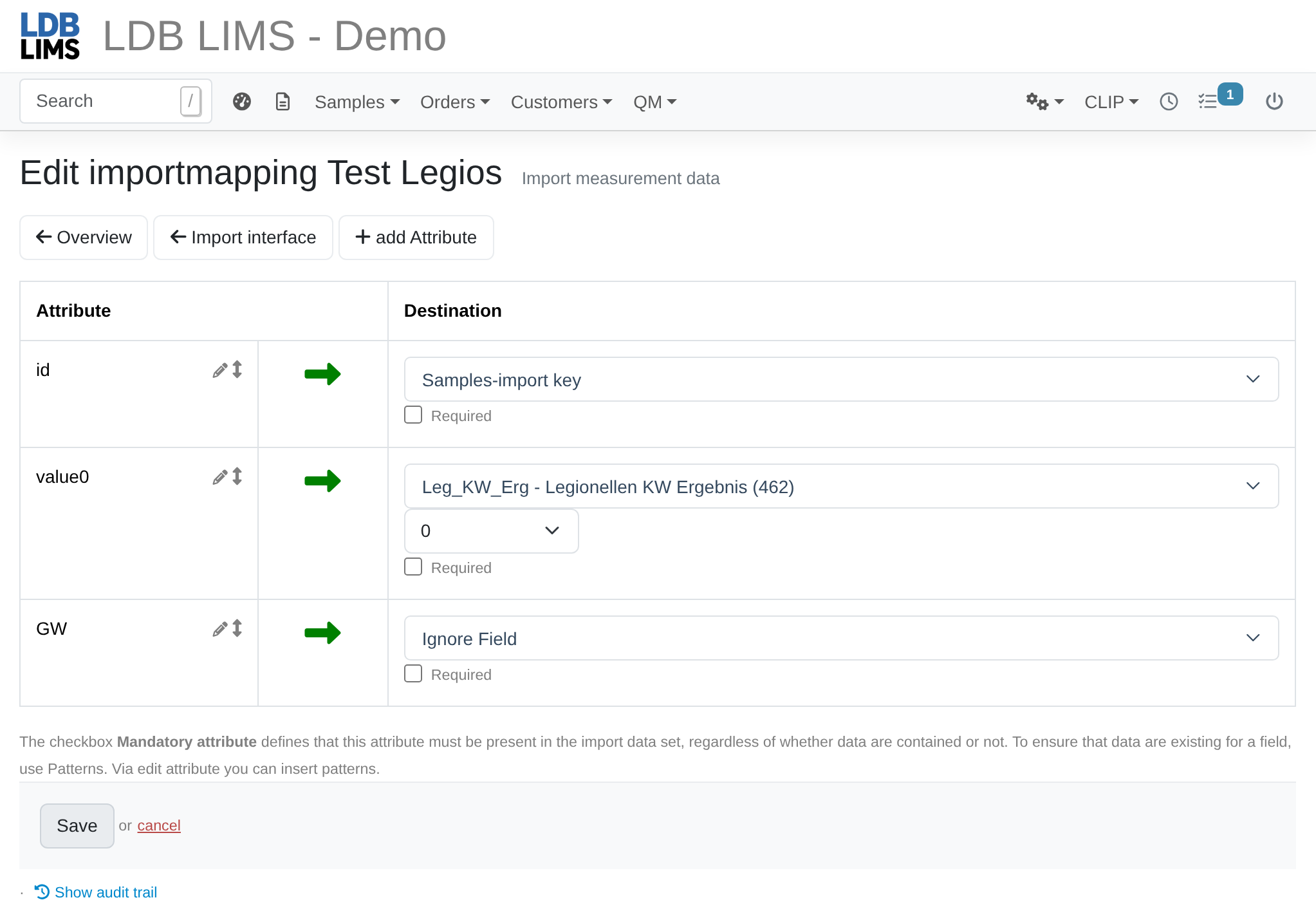 Screenshot: Import mapping with attribute mapping