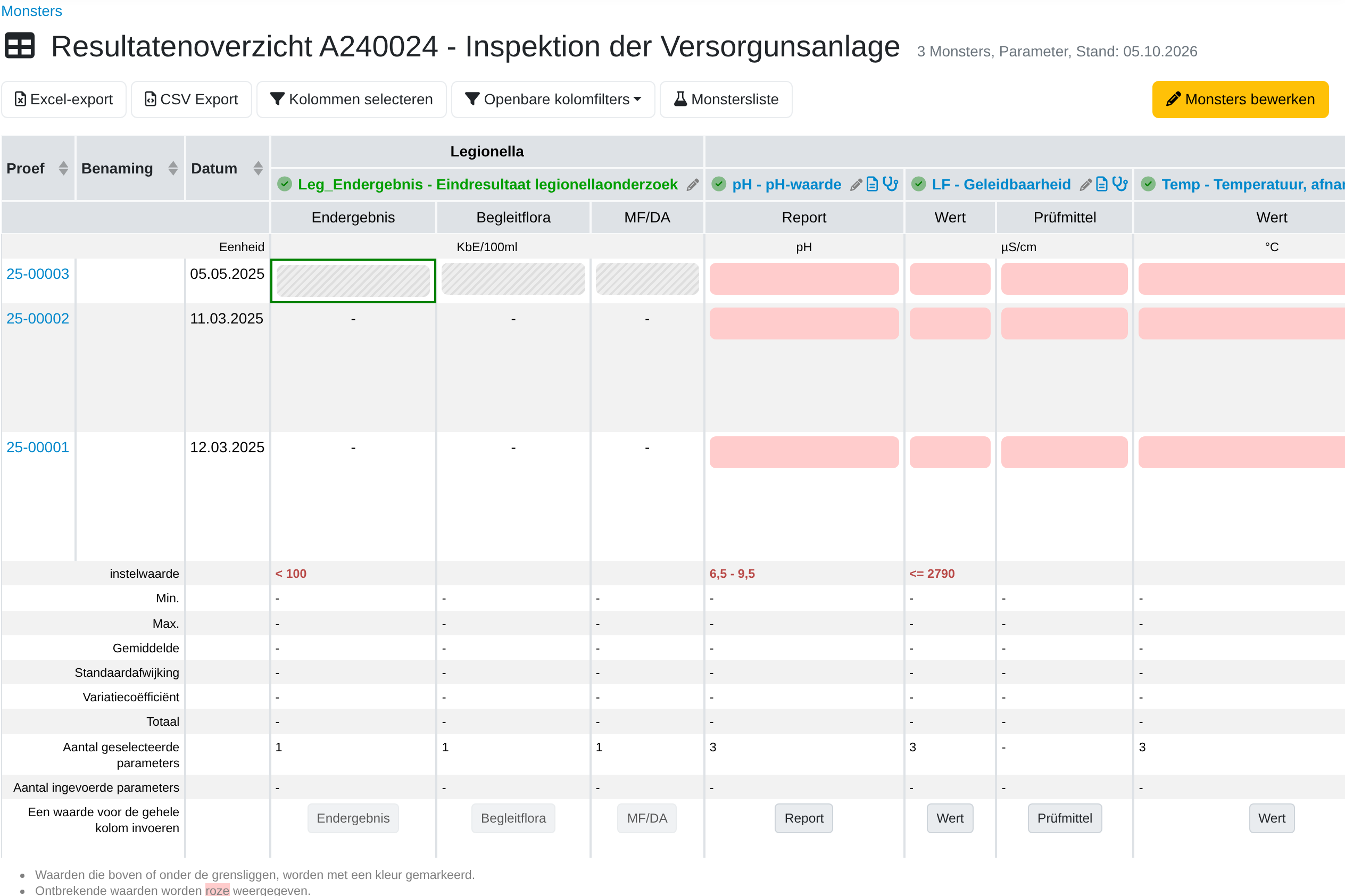LIMS-resultaten en meetwaarden invoeren in de resultatentabel van het LDB-LIMS