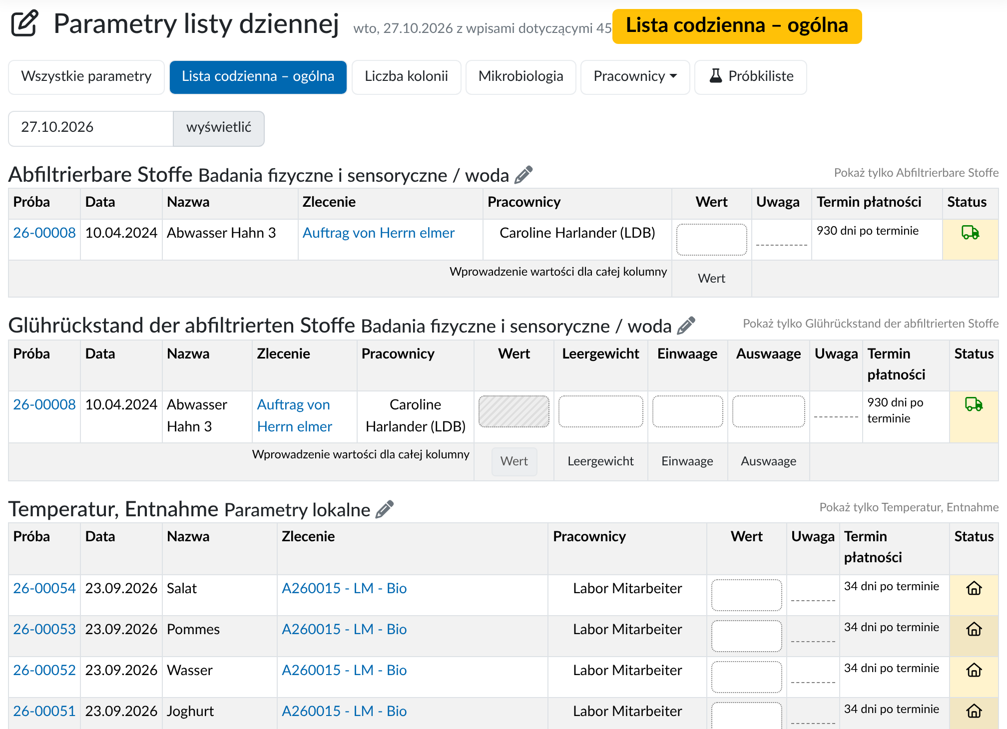 Listy dziennych zadań dotyczące współpracy w laboratorium z systemem LDB-LIMS