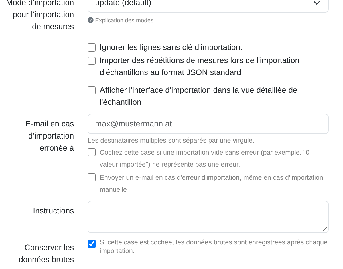Capture d'écran : sélection du mode d'importation des valeurs mesurées