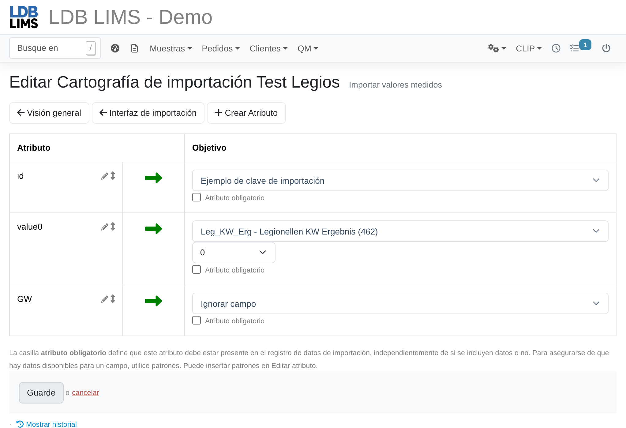Captura de pantalla: Asignación de importación con asignación de atributos