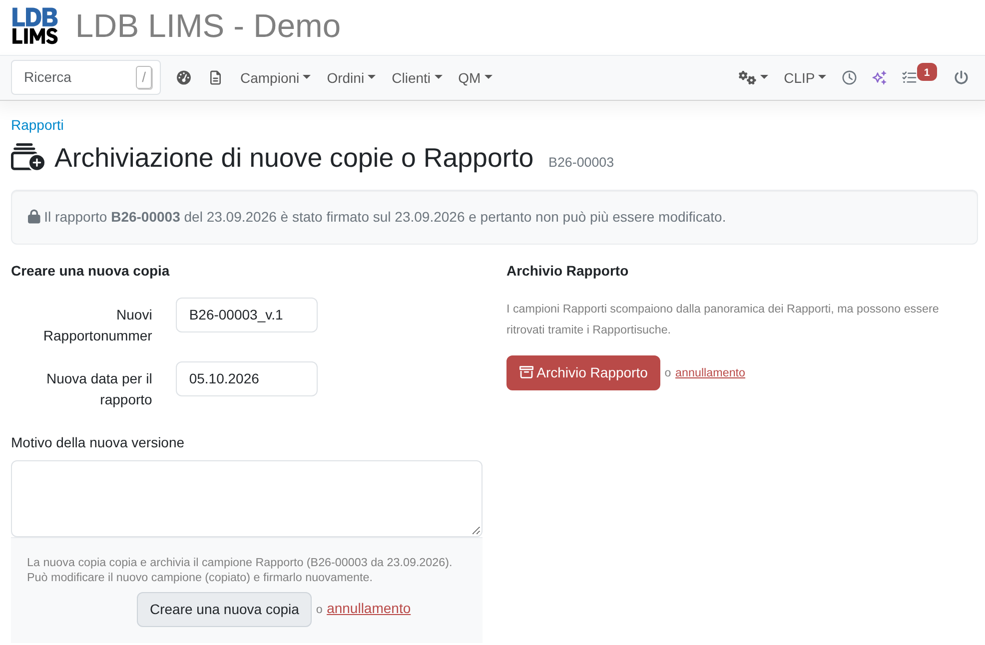 Riemissione di un rapporto di prova in LDB LIMS