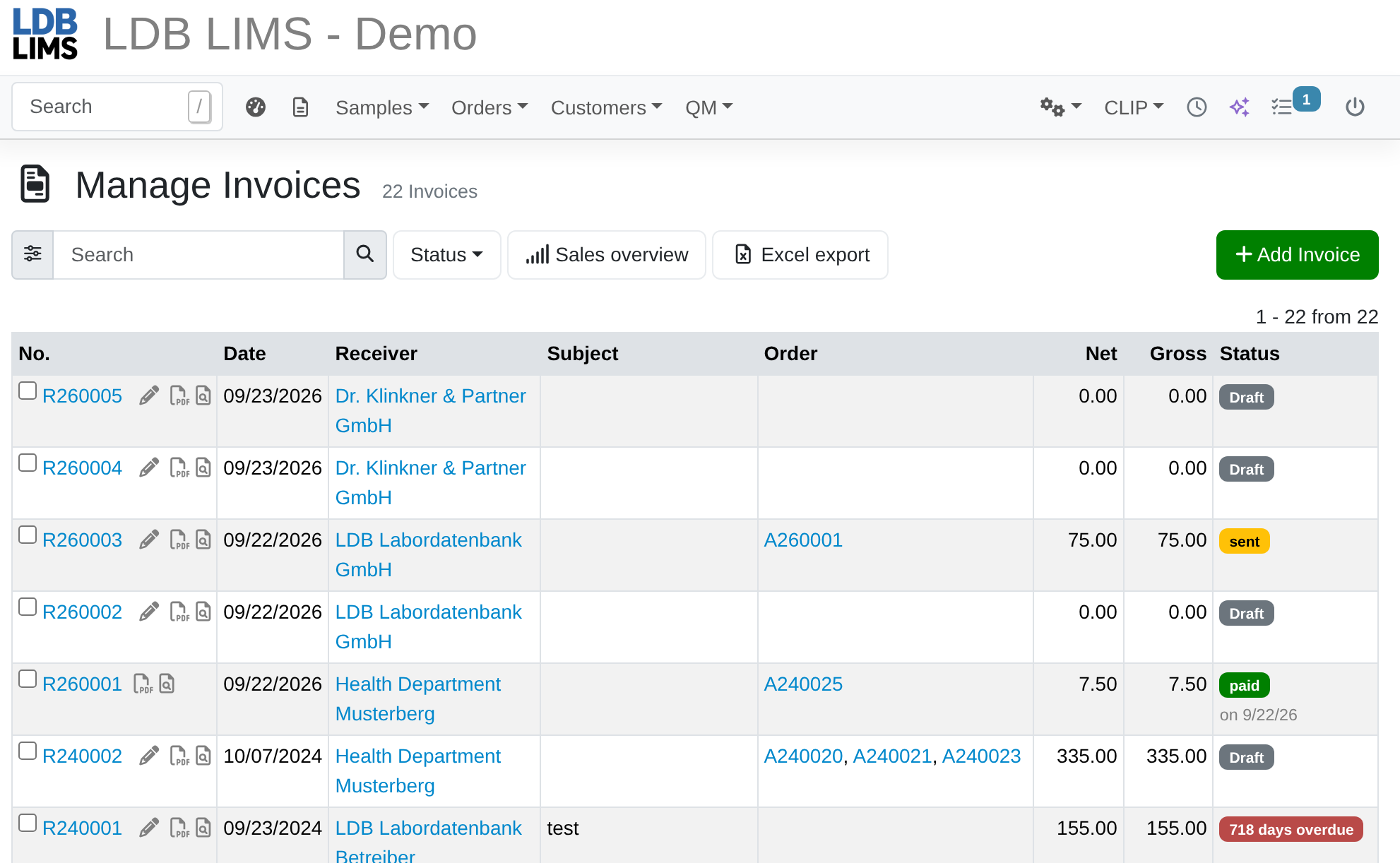 Overview of Invoices in LDB-LIMS