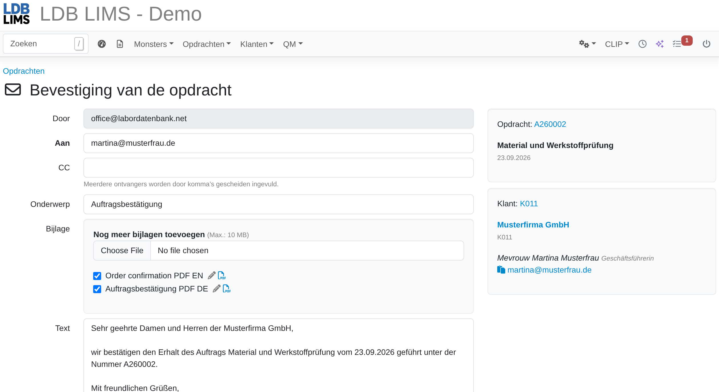 Opdrachtbevestiging in LDB LIMS