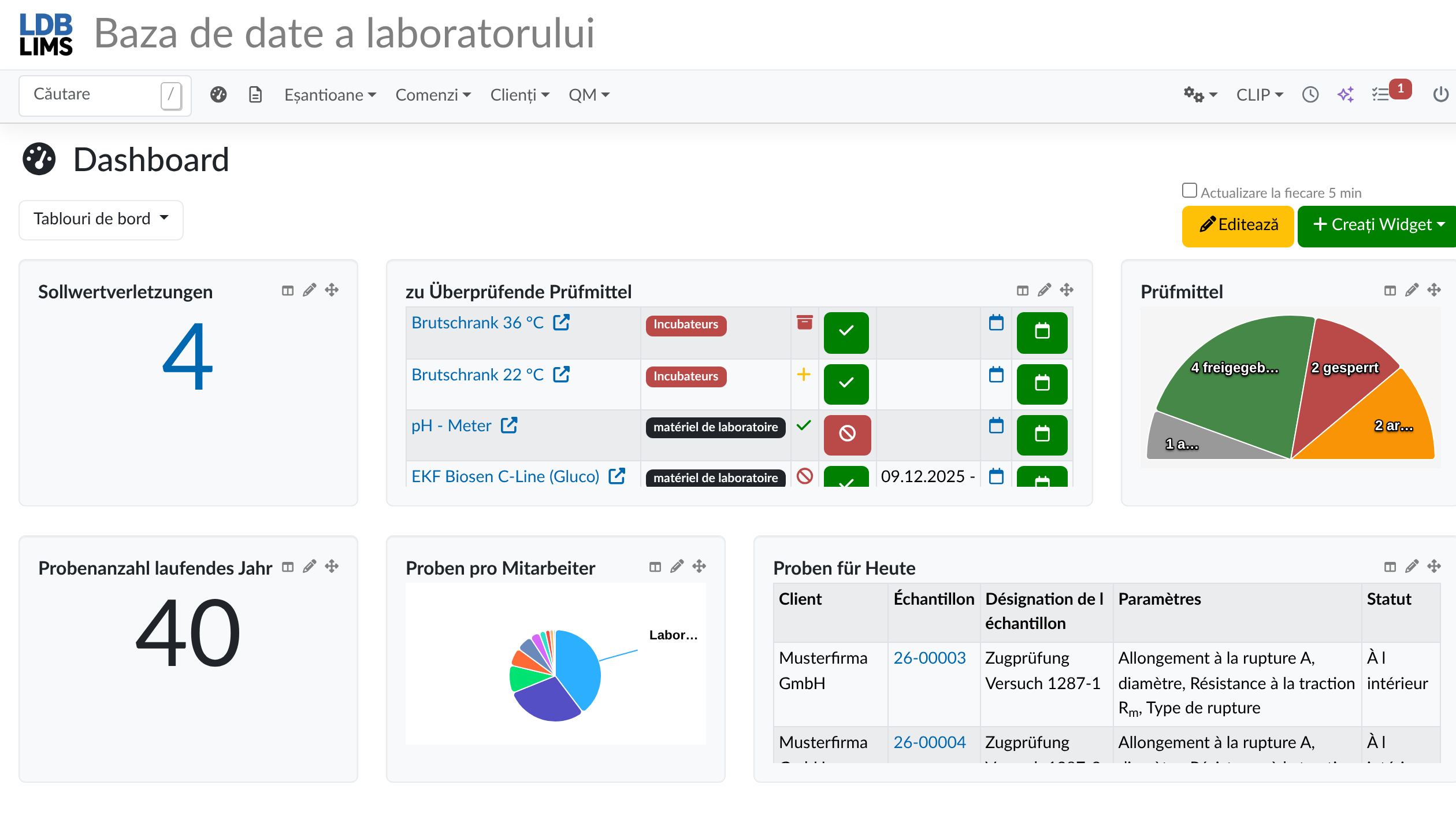 Panoul de control al laboratorului în LDB LIMS