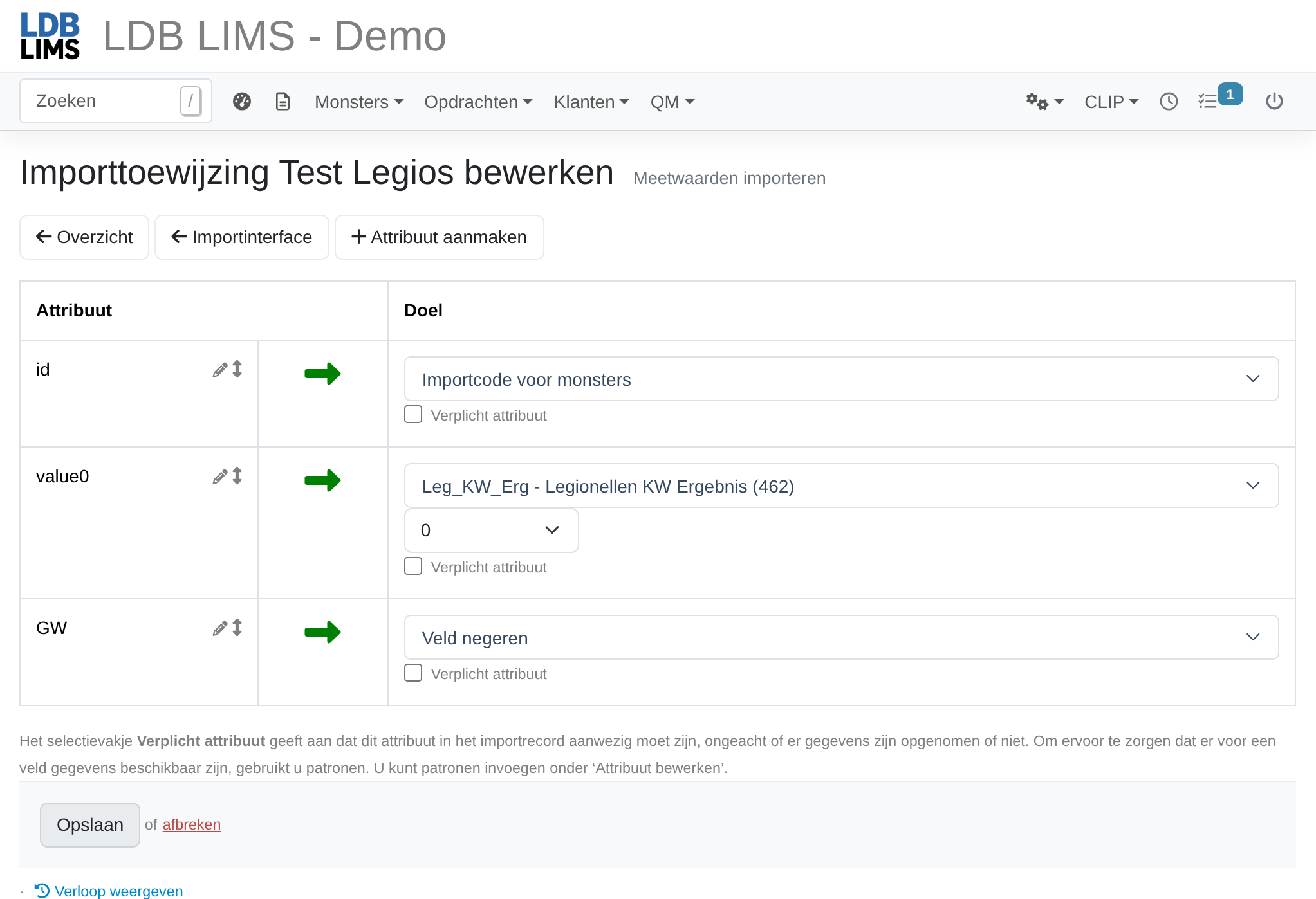 Screenshot: Importtoewijzing met attribuuttoewijzing