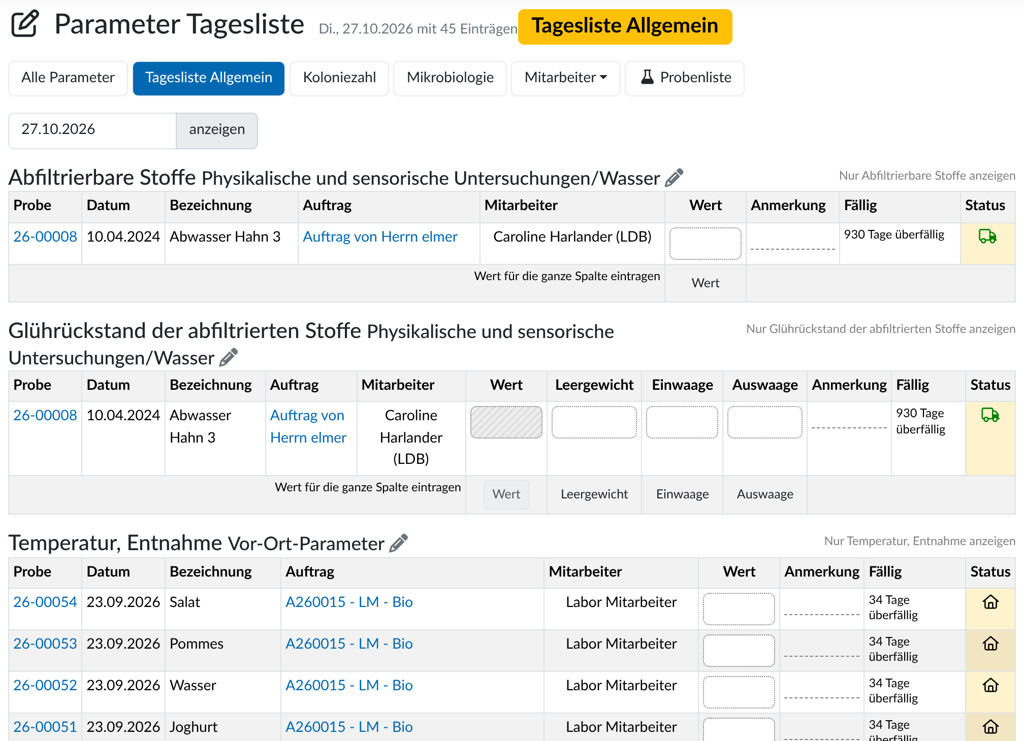 Tageslisten zur Zusammenarbeit im Labor mit LDB-LIMS