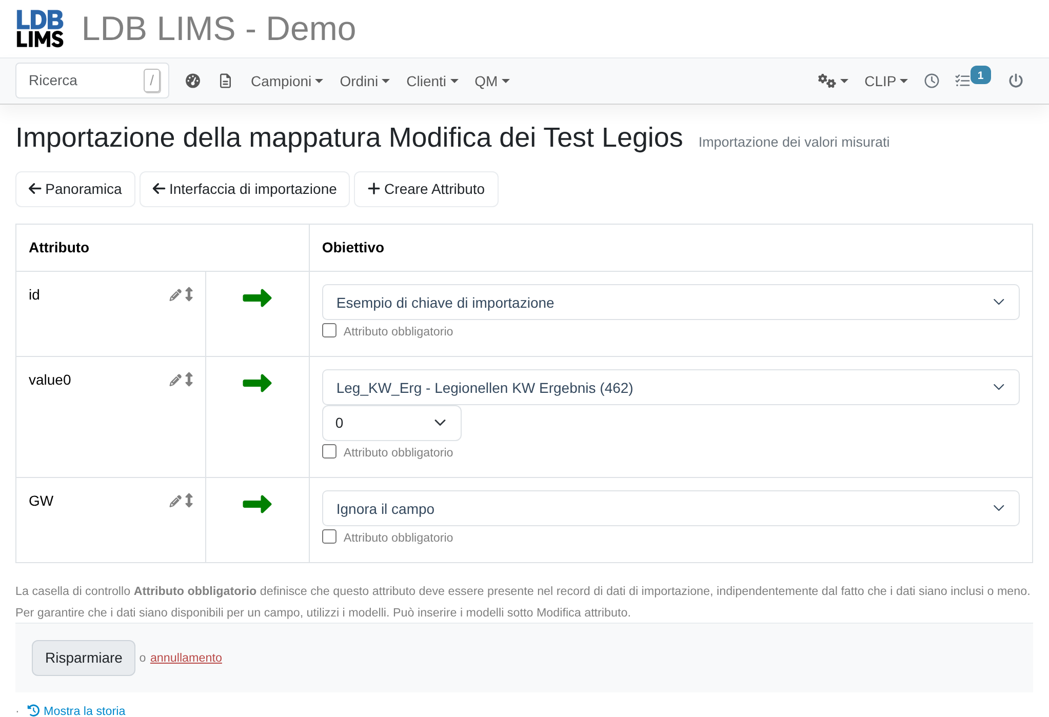 Schermata: mappatura delle importazioni con assegnazione degli attributi