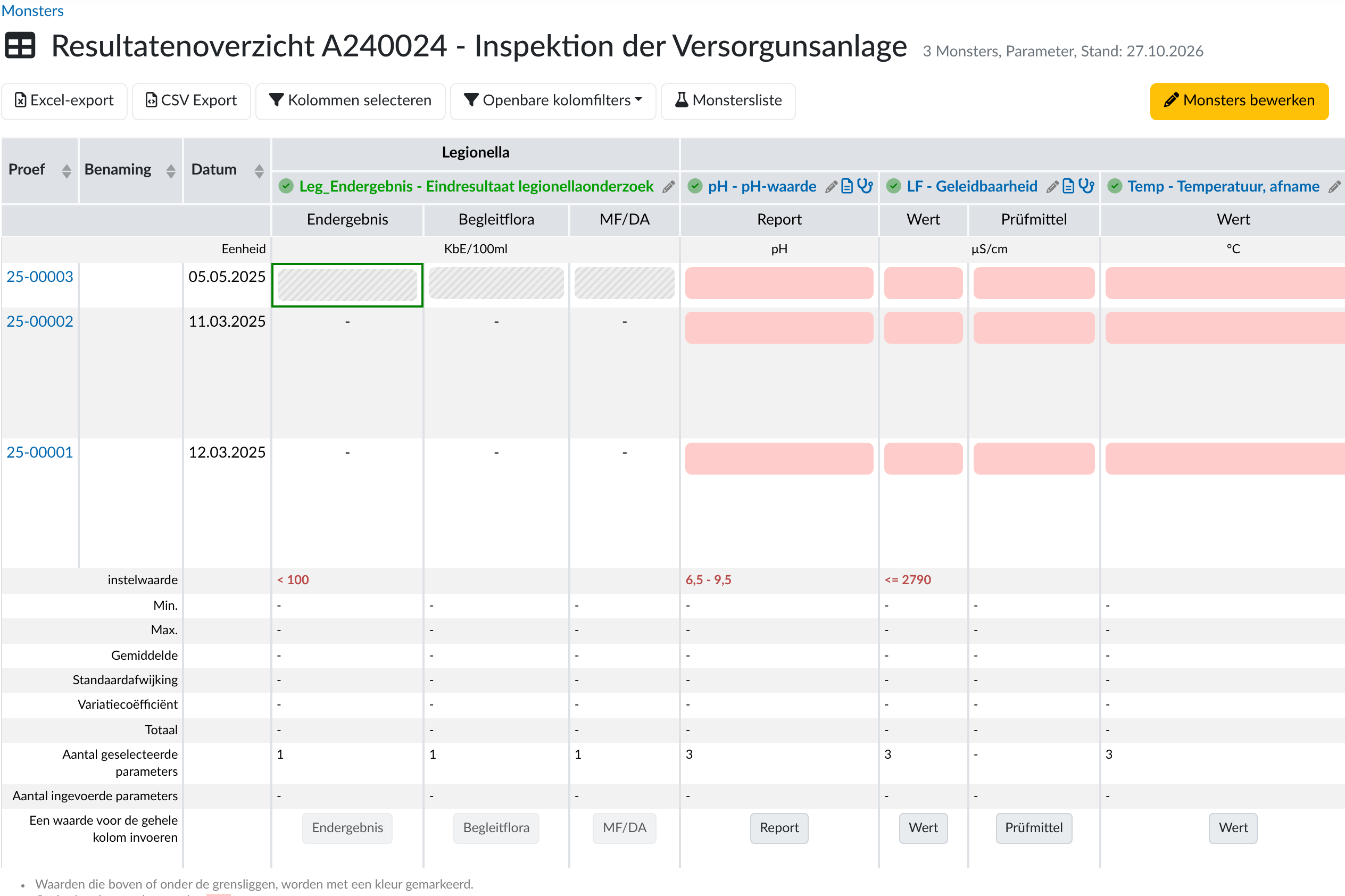 LIMS-resultaten en meetwaarden invoeren in de resultatentabel van het LDB-LIMS