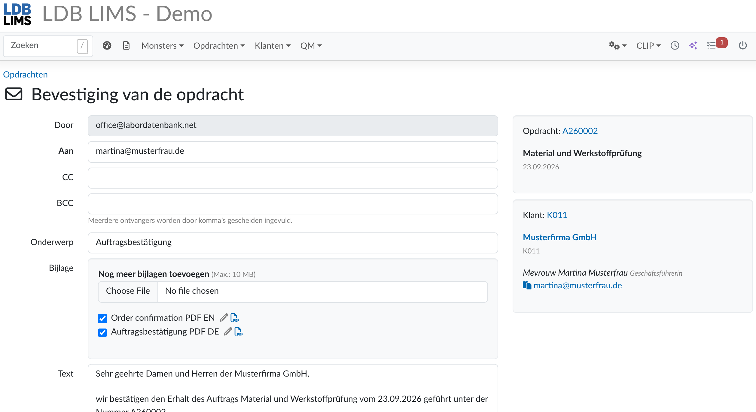 Opdrachtbevestiging in LDB LIMS