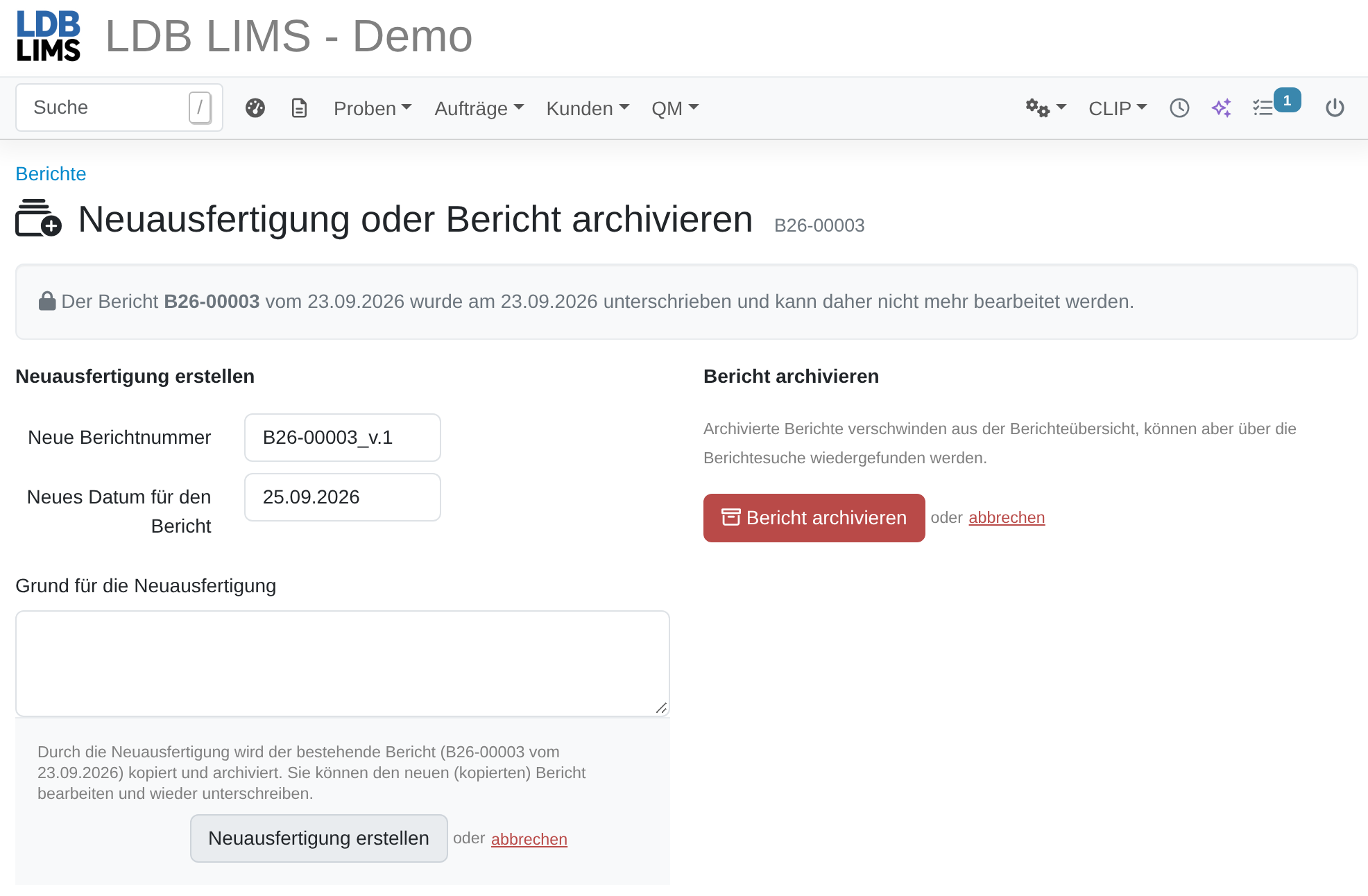 Neuausfertigung eines Prüfberichtes im LDB-LIMS