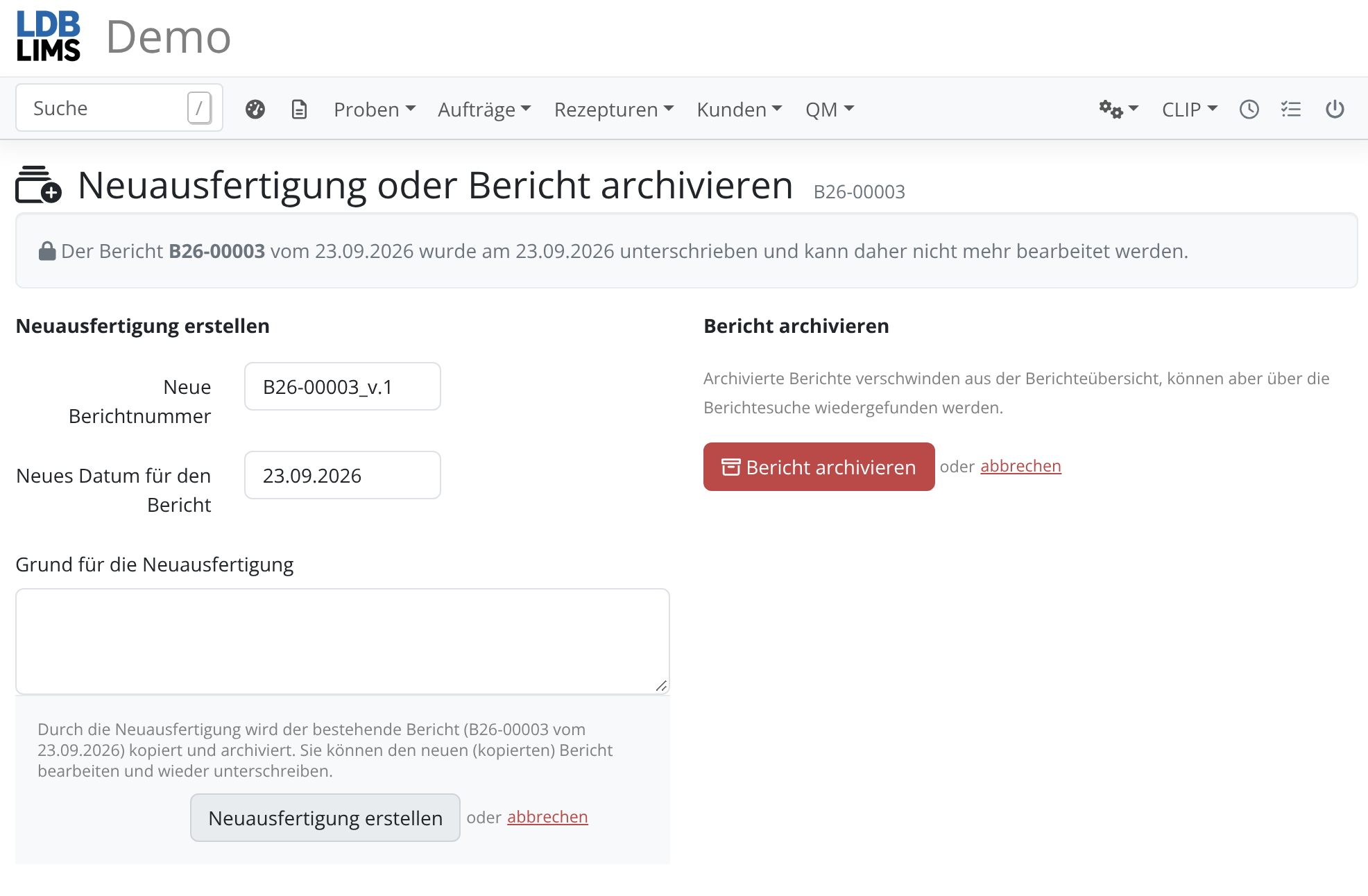 Neuausfertigung eines Prüfberichtes im LDB-LIMS