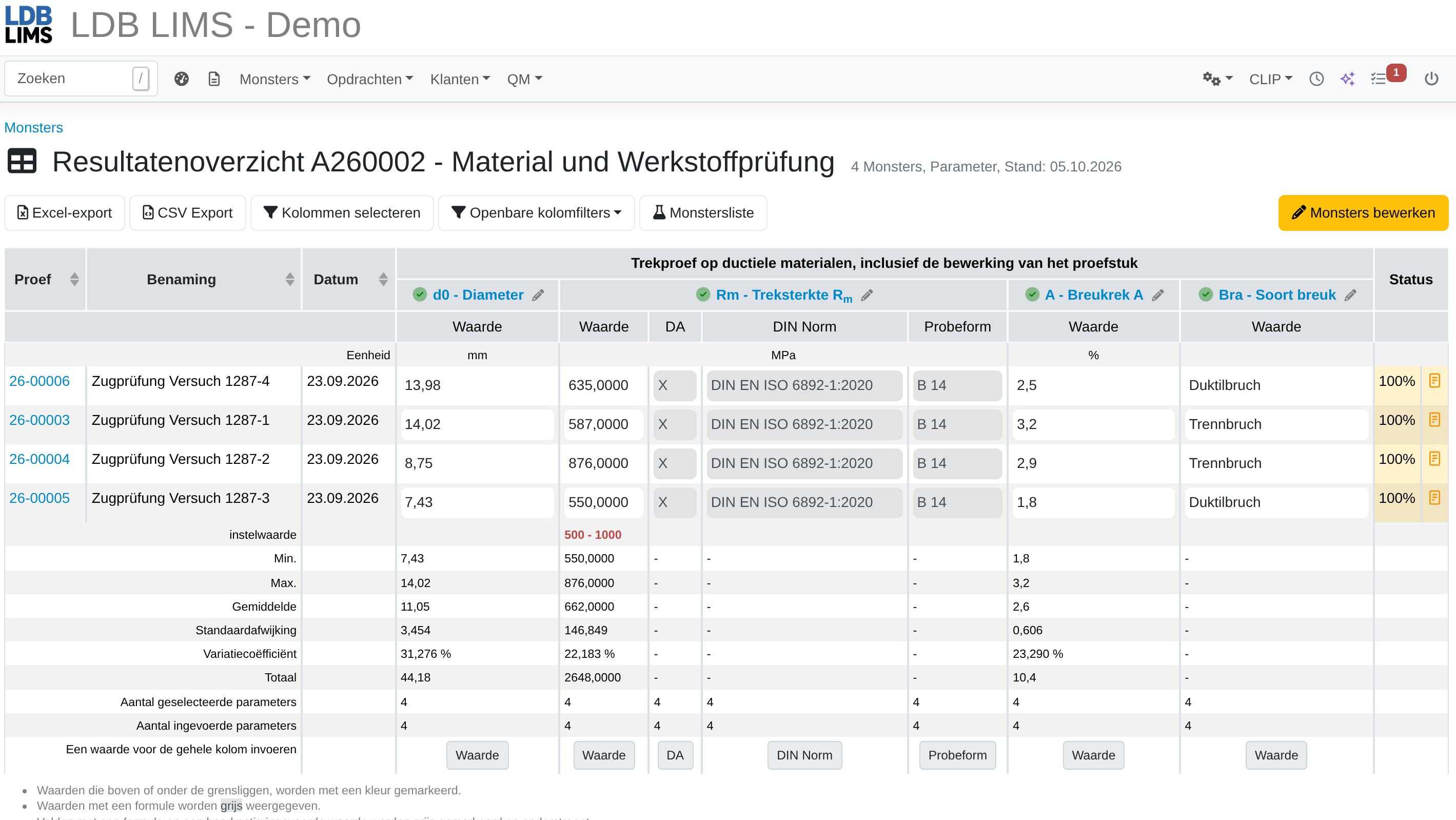 De schermafbeelding toont de resultatentabel van een trektest in de laboratoriumdatabase, met monsters waarvan de meetwaarden, inclusief de statistische analyse, in de resultatentabel van de laboratoriumdatabase zijn opgenomen.
