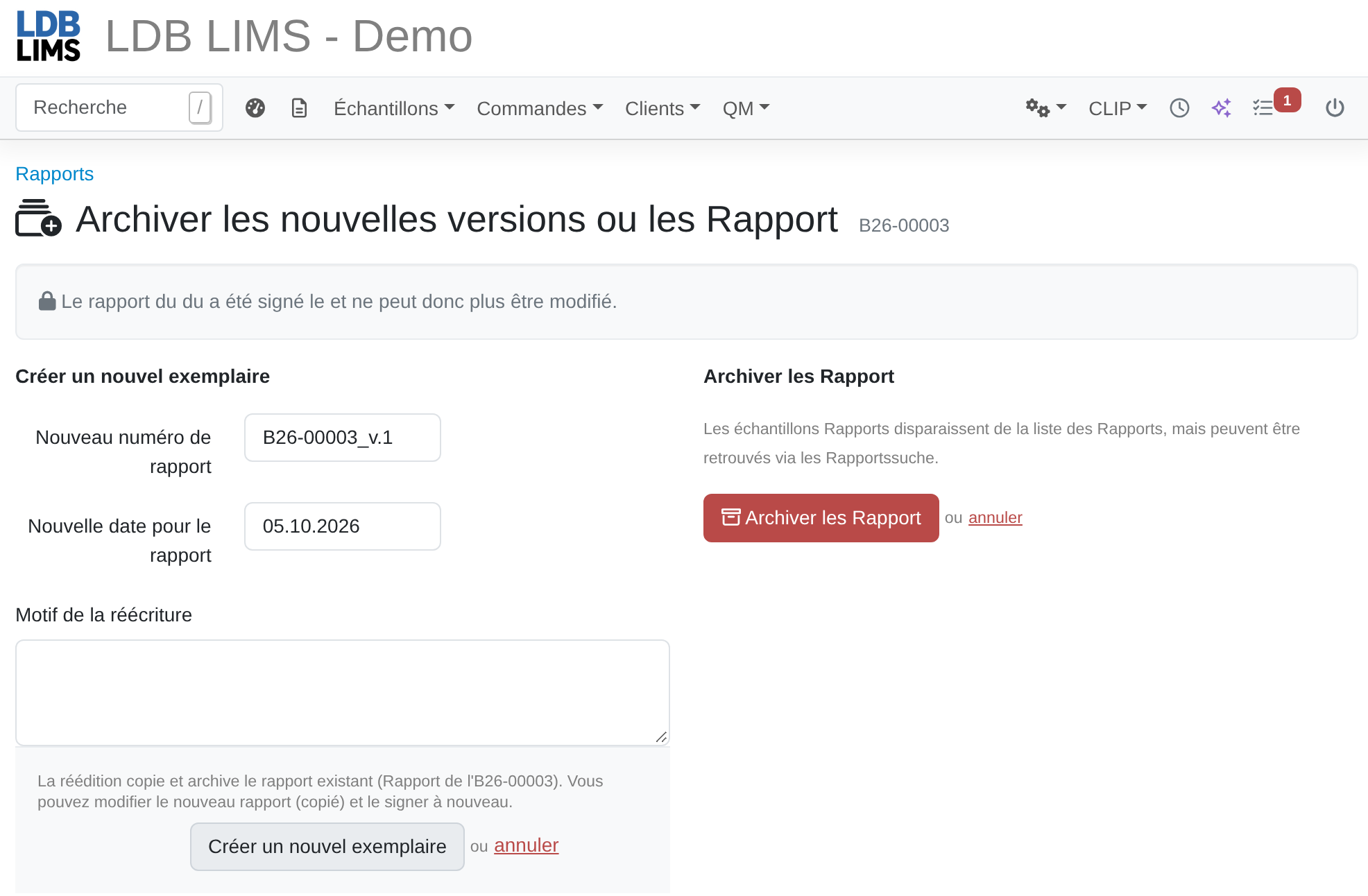 Réédition d'un rapport d'essai dans LDB-LIMS