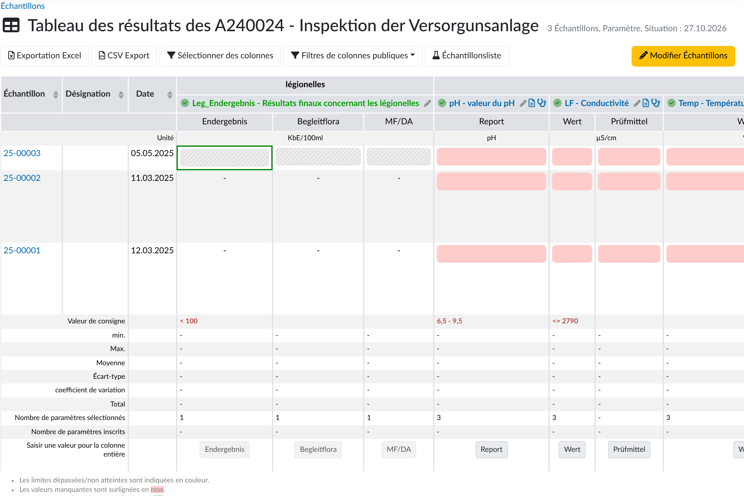 Saisir les résultats et les valeurs mesurées du LIMS dans le tableau des résultats du LDB-LIMS