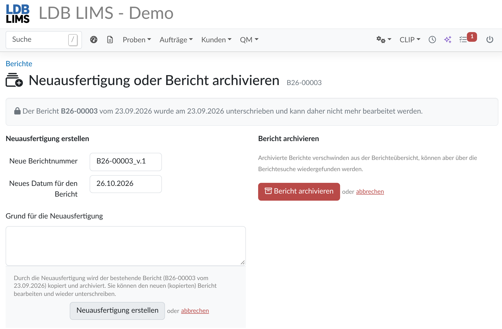 Genudstedelse af en prøvningsrapport i LDB LIMS