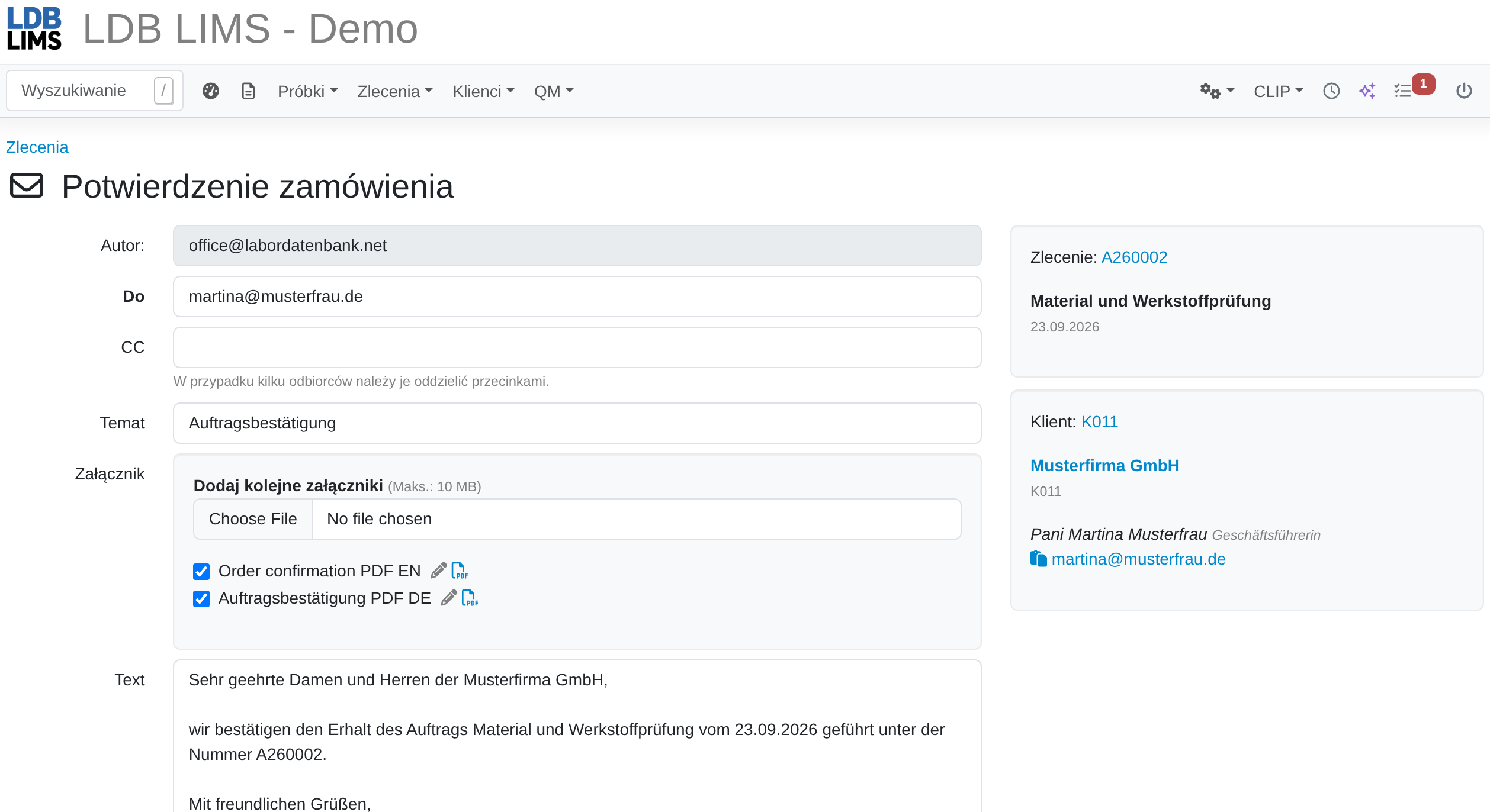 Potwierdzenie zlecenia w LDB LIMS