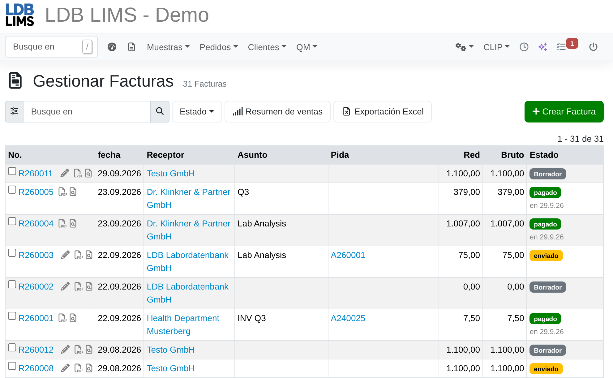 Vista general de facturas en LDB LIMS