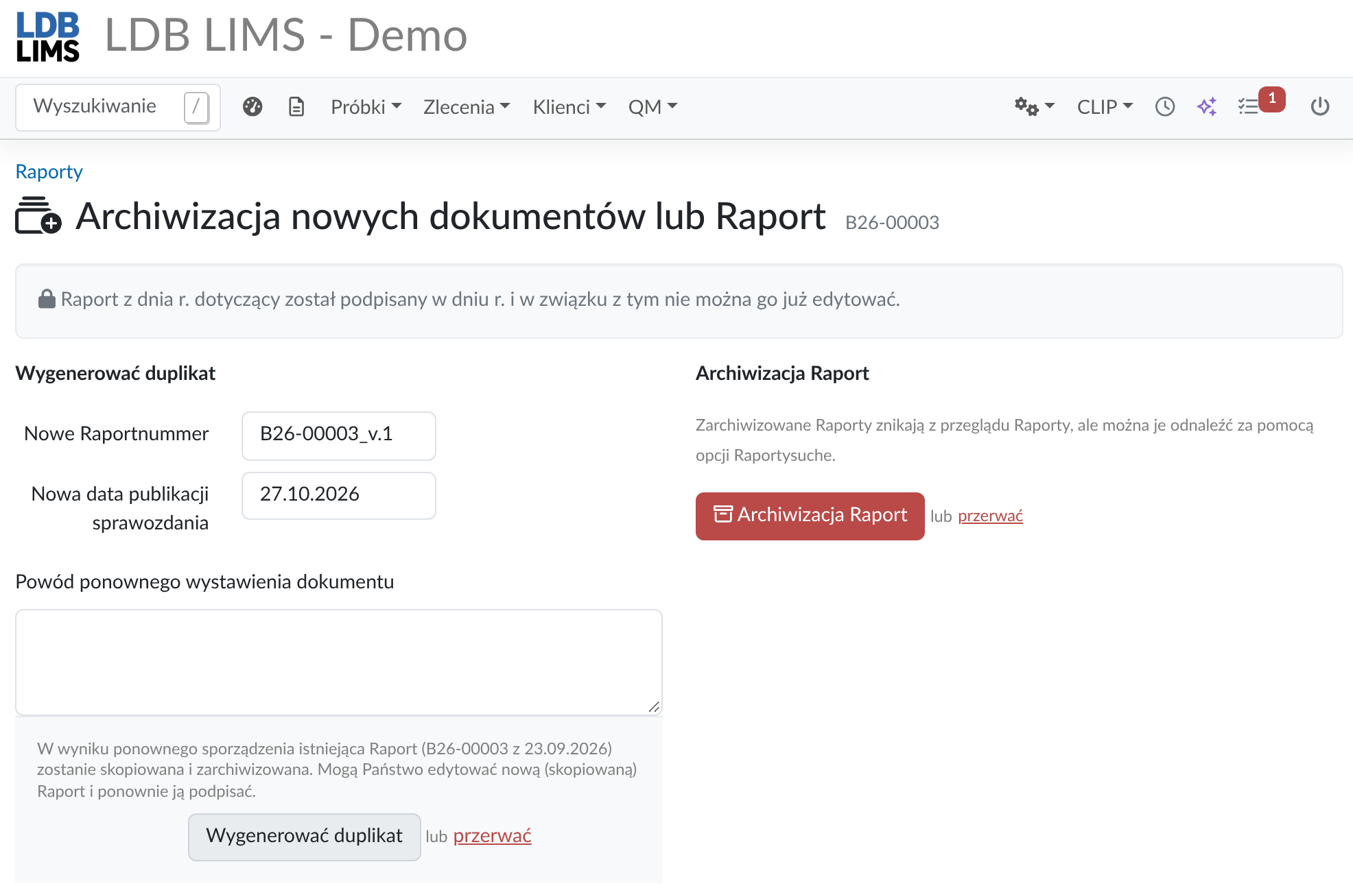 Ponowne sporządzenie protokołu z badań w systemie LDB-LIMS