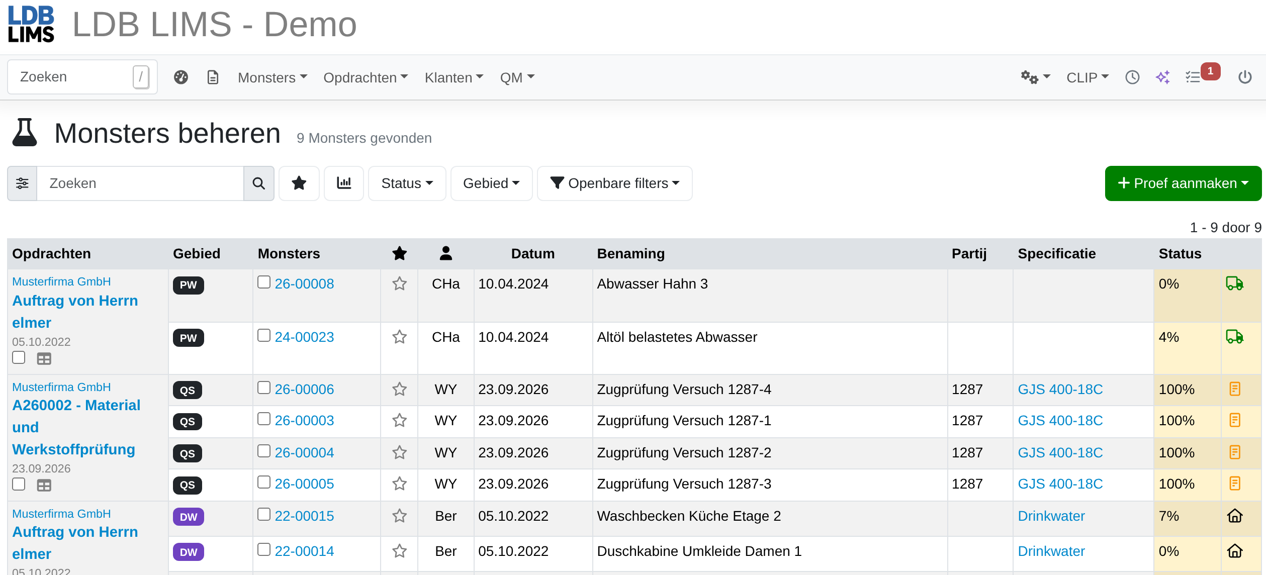Monsters beheren in de monsterlijst van LDB LIMS
