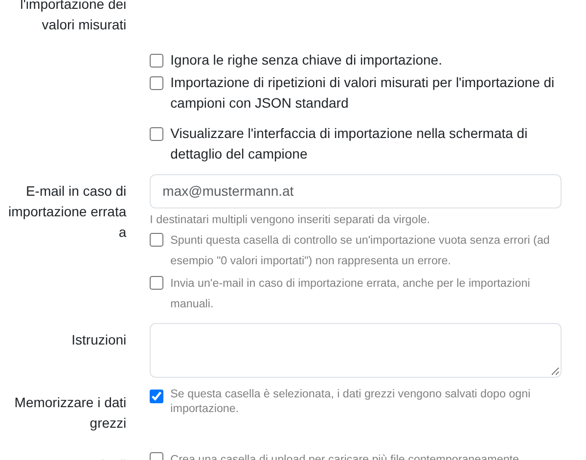 Schermata: selezione della modalità di importazione dei valori di misura