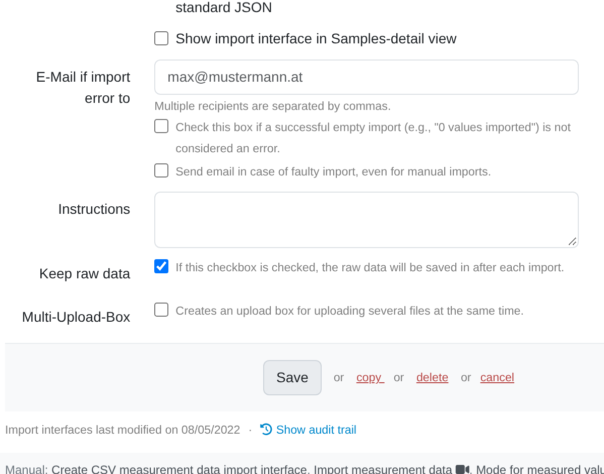 Screenshot: Selecting the import mode for importing measured values