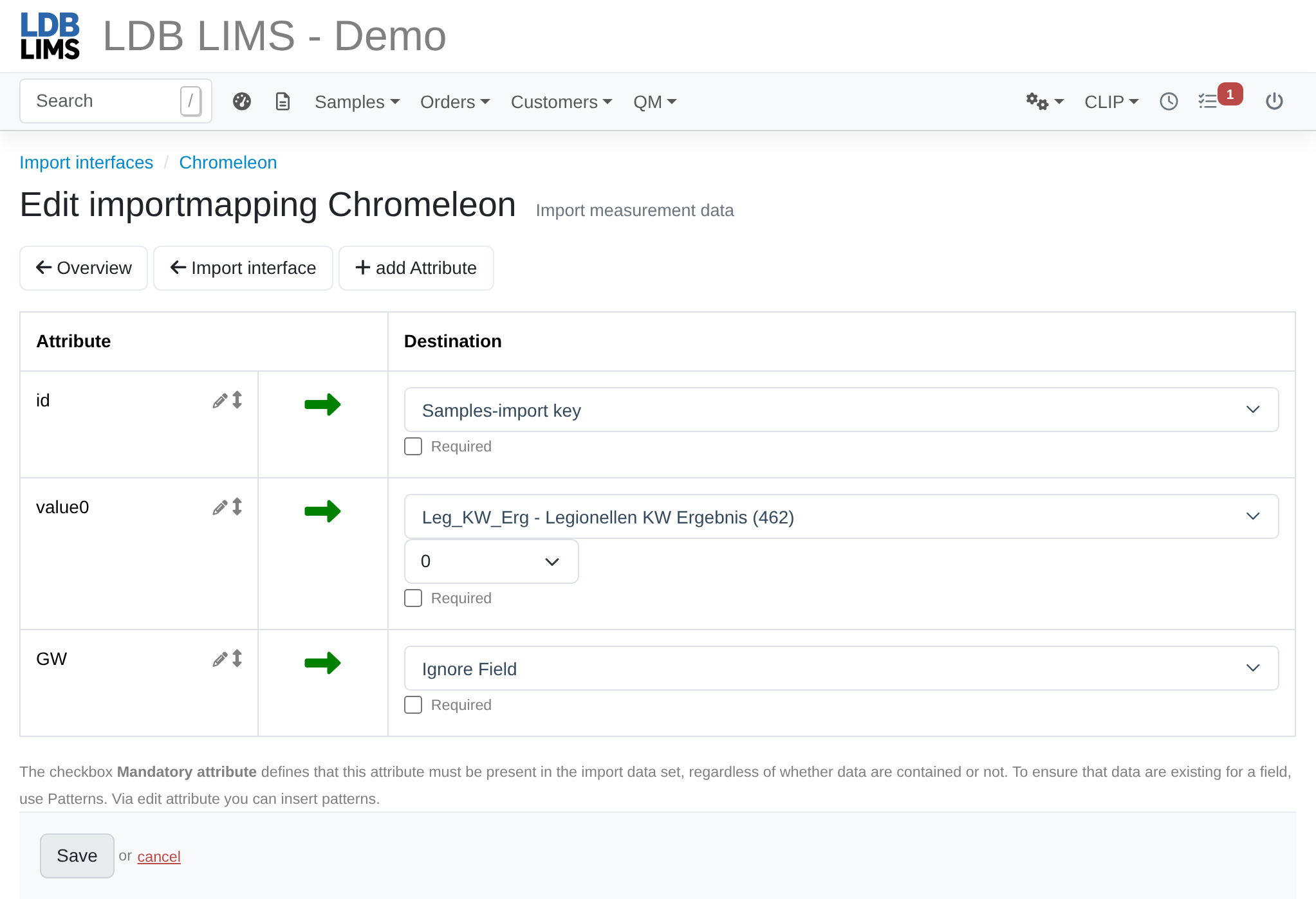 Screenshot: Import mapping with attribute mapping