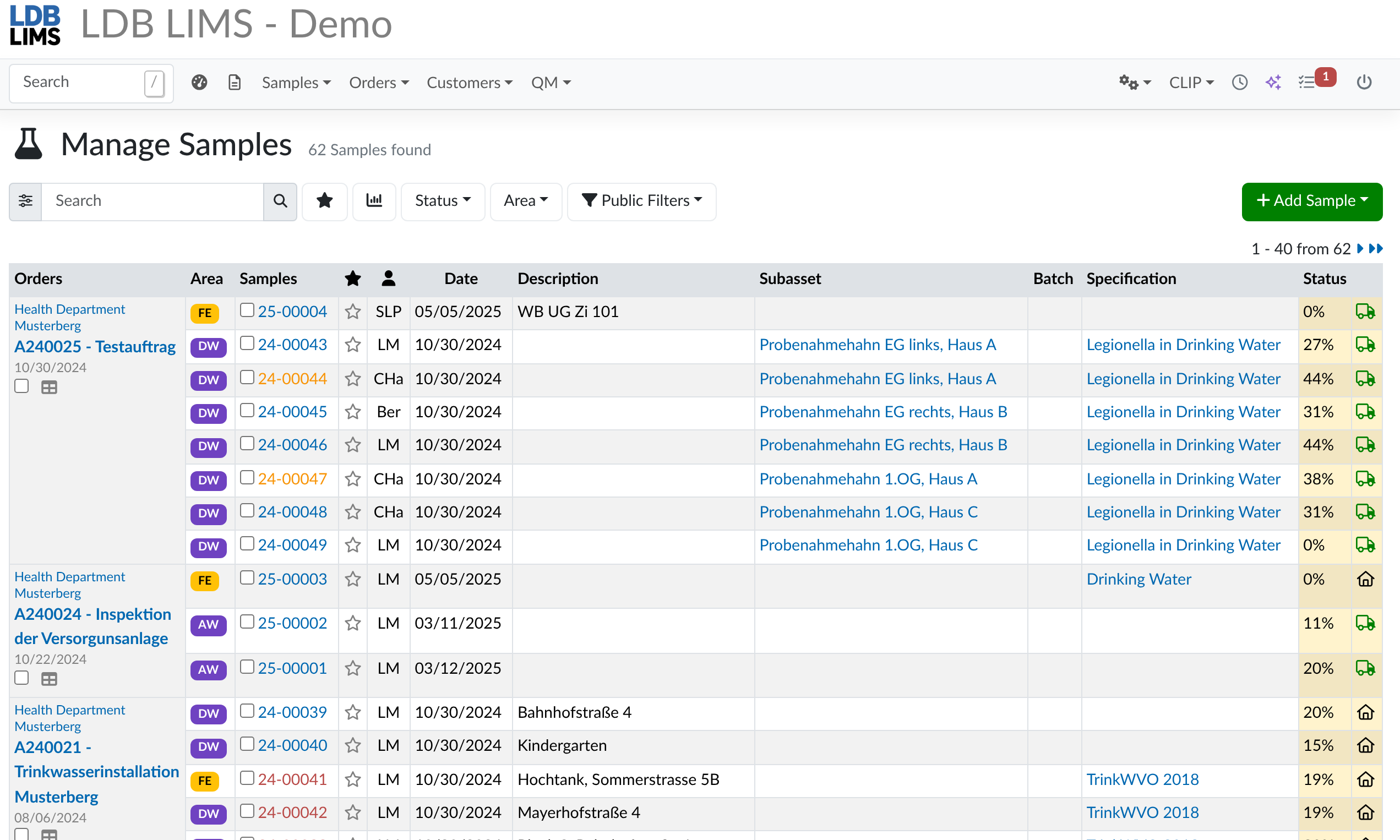 Manage samples in the LDB LIMS sample list