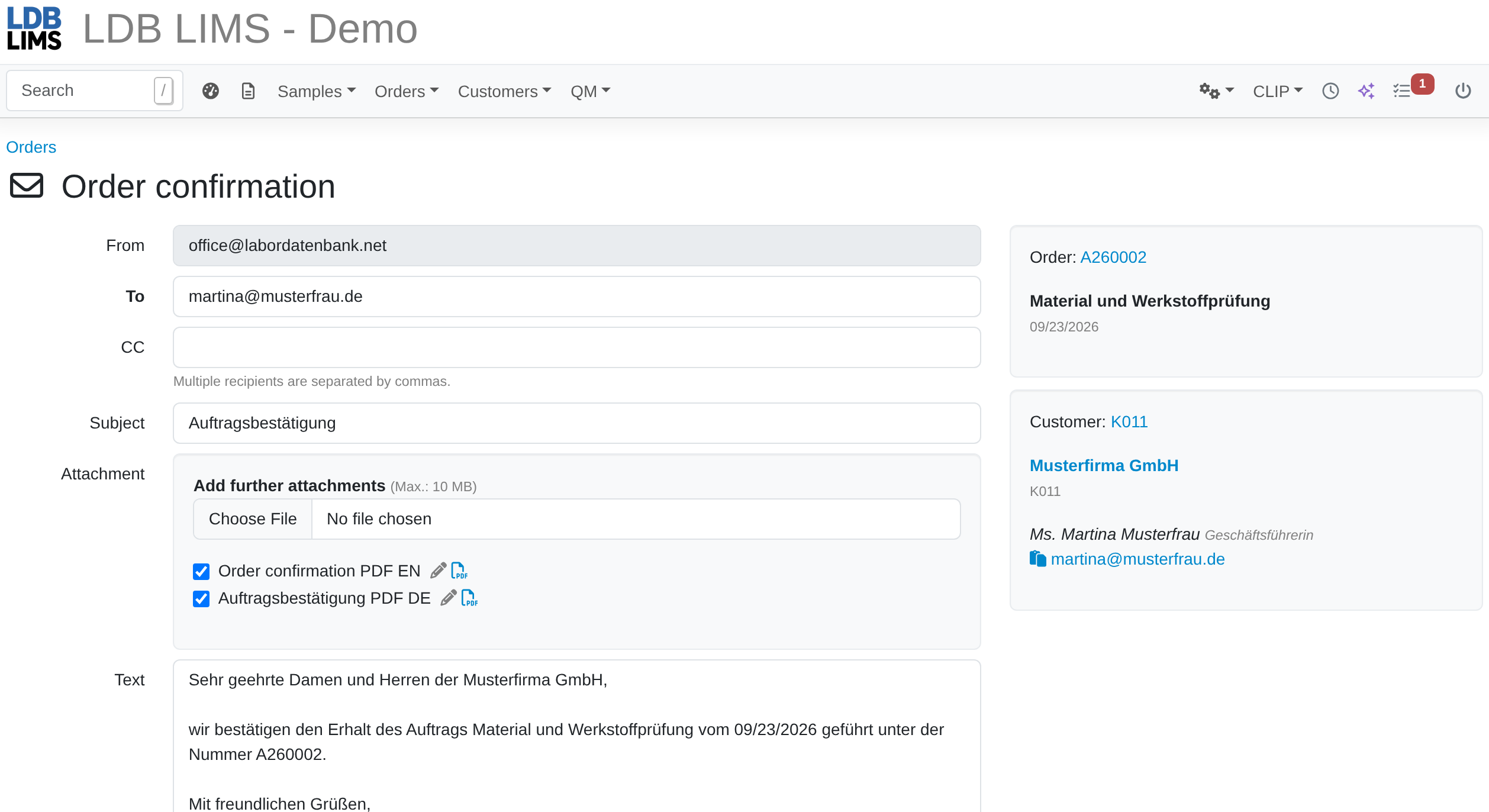 Order confirmation in LDB LIMS