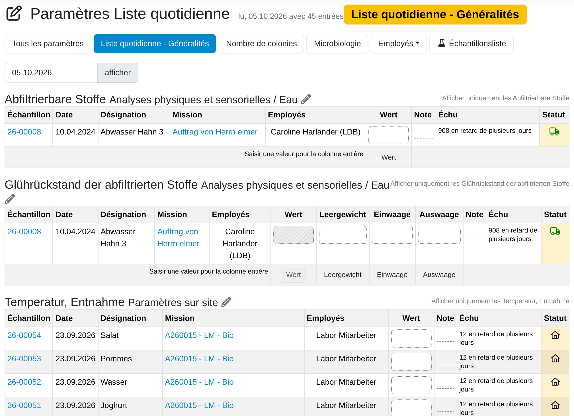 Listes quotidiennes pour la collaboration au sein du laboratoire avec LDB-LIMS
