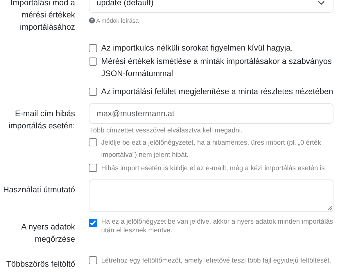 Képernyőkép: Az importálási mód kiválasztása a mérési értékek importálásához