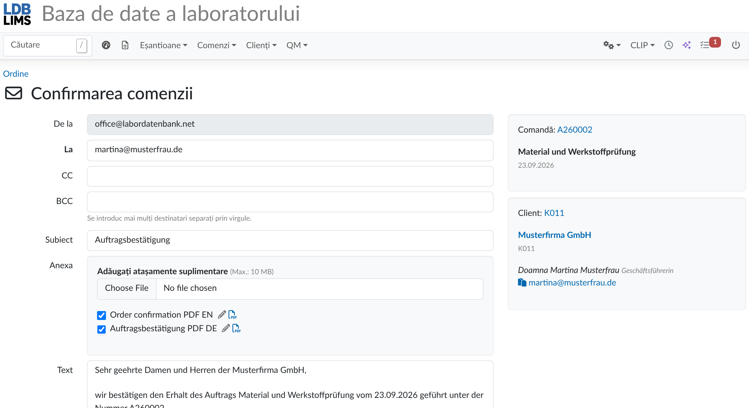 Confirmarea unei comenzi în LDB LIMS
