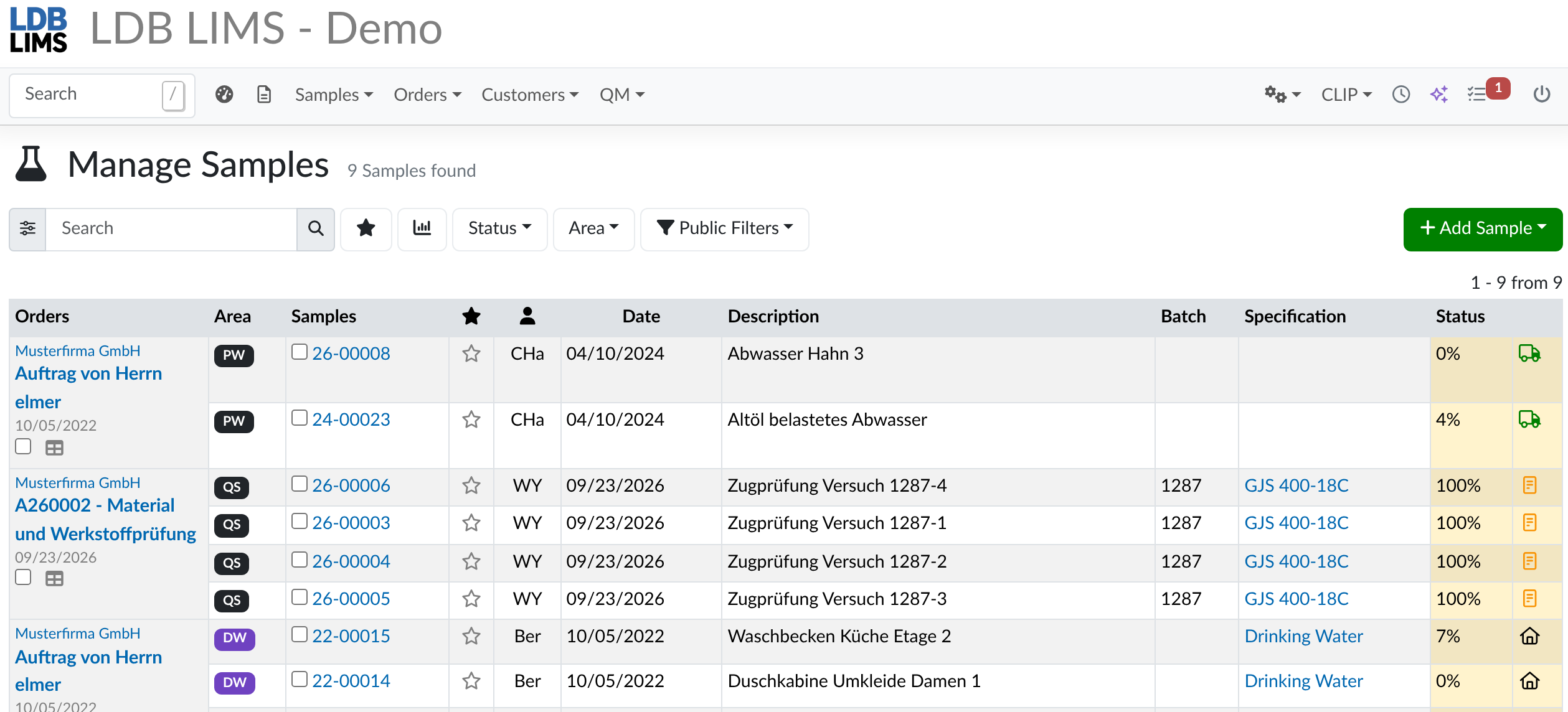 Manage samples in the LDB LIMS sample list